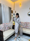 Chhaya Light Grey & Black Embroidered Chanderi Silk Suit Set with Organza Dupatta