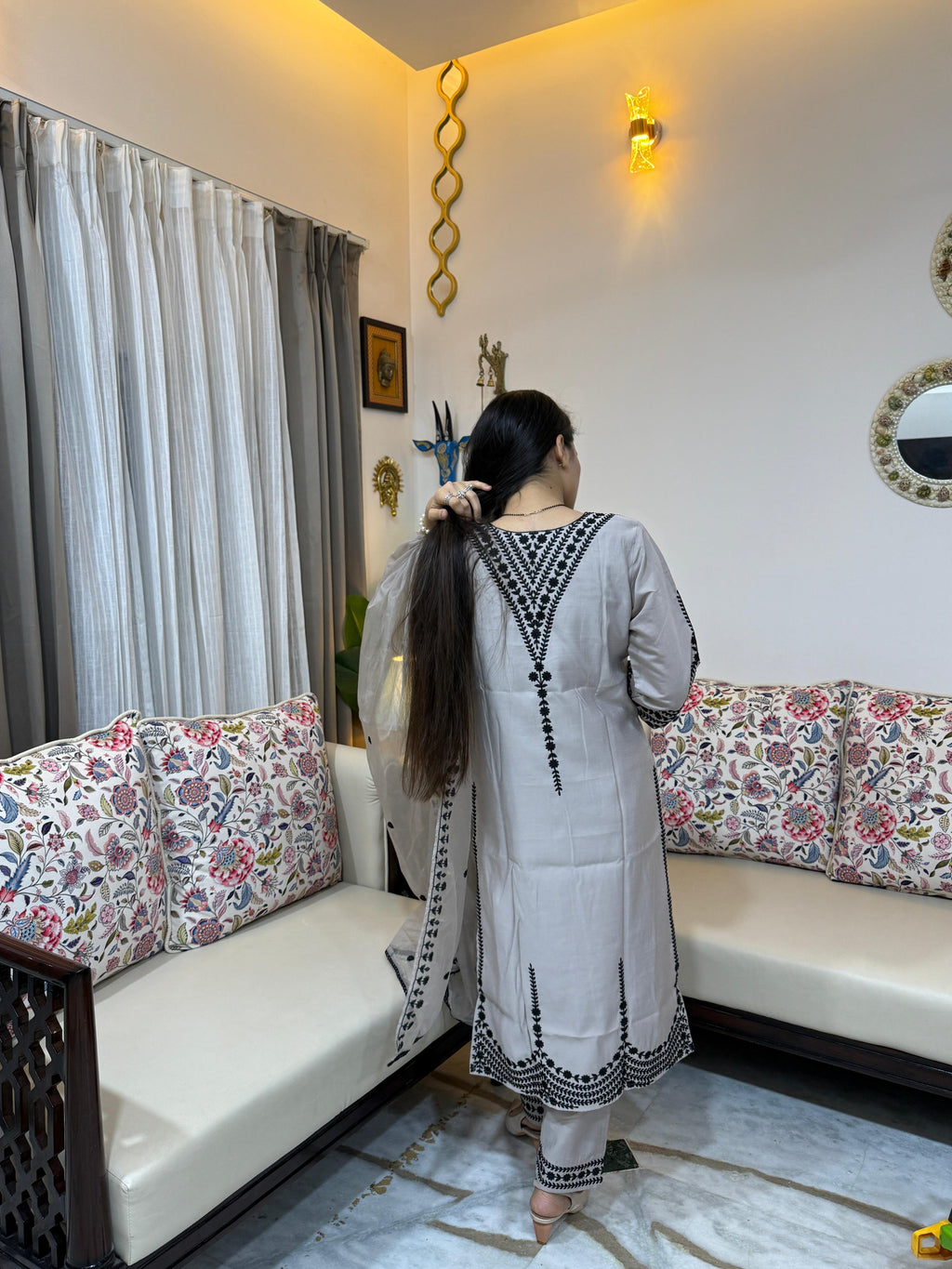 Chhaya Light Grey & Black Embroidered Chanderi Silk Suit Set with Organza Dupatta