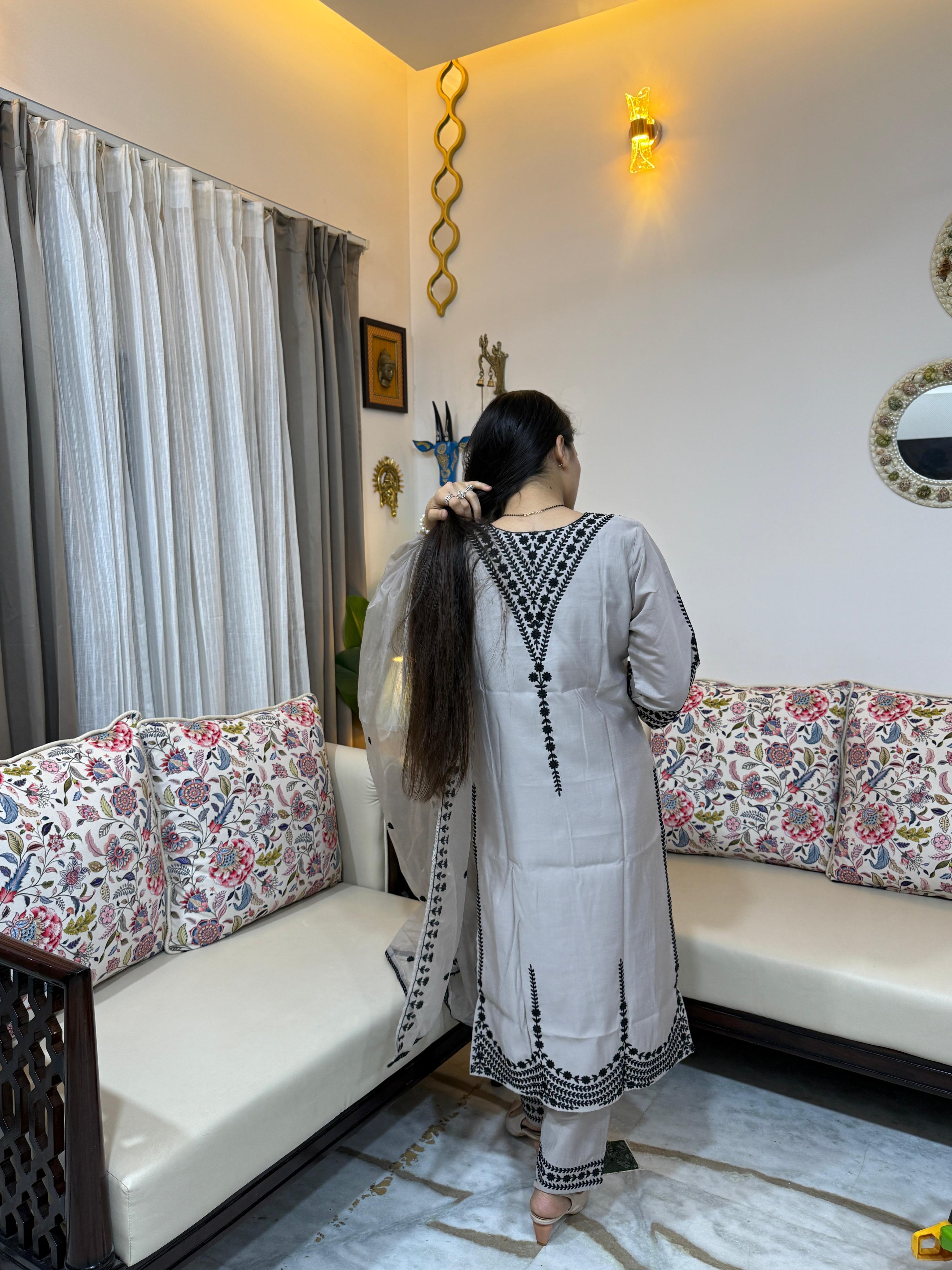 Chhaya Light Grey & Black Embroidered Chanderi Silk Suit Set with Organza Dupatta