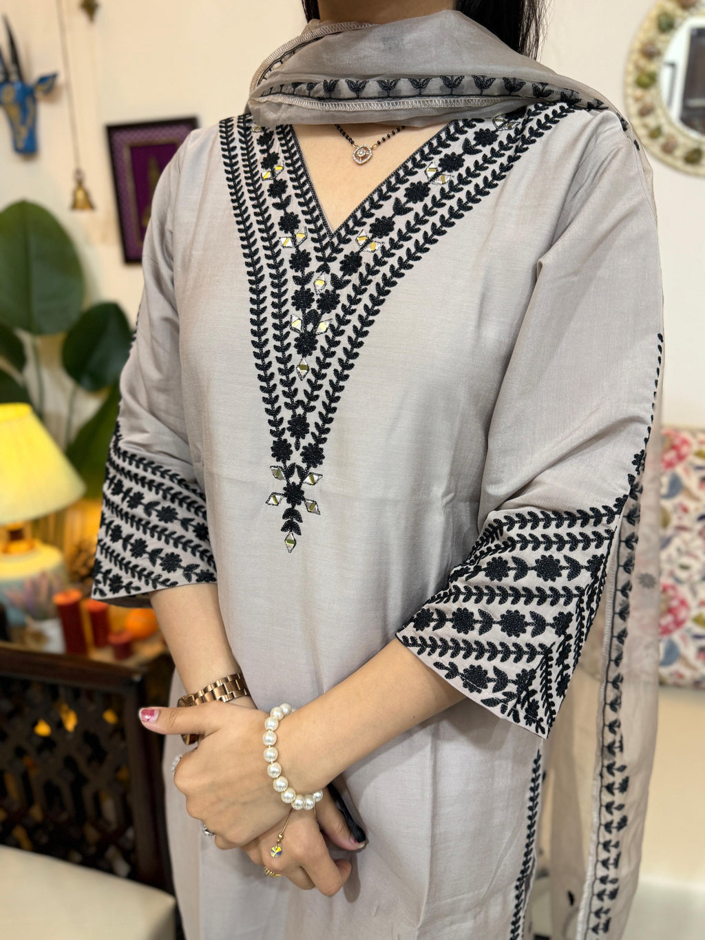 Chhaya Light Grey & Black Embroidered Chanderi Silk Suit Set with Organza Dupatta