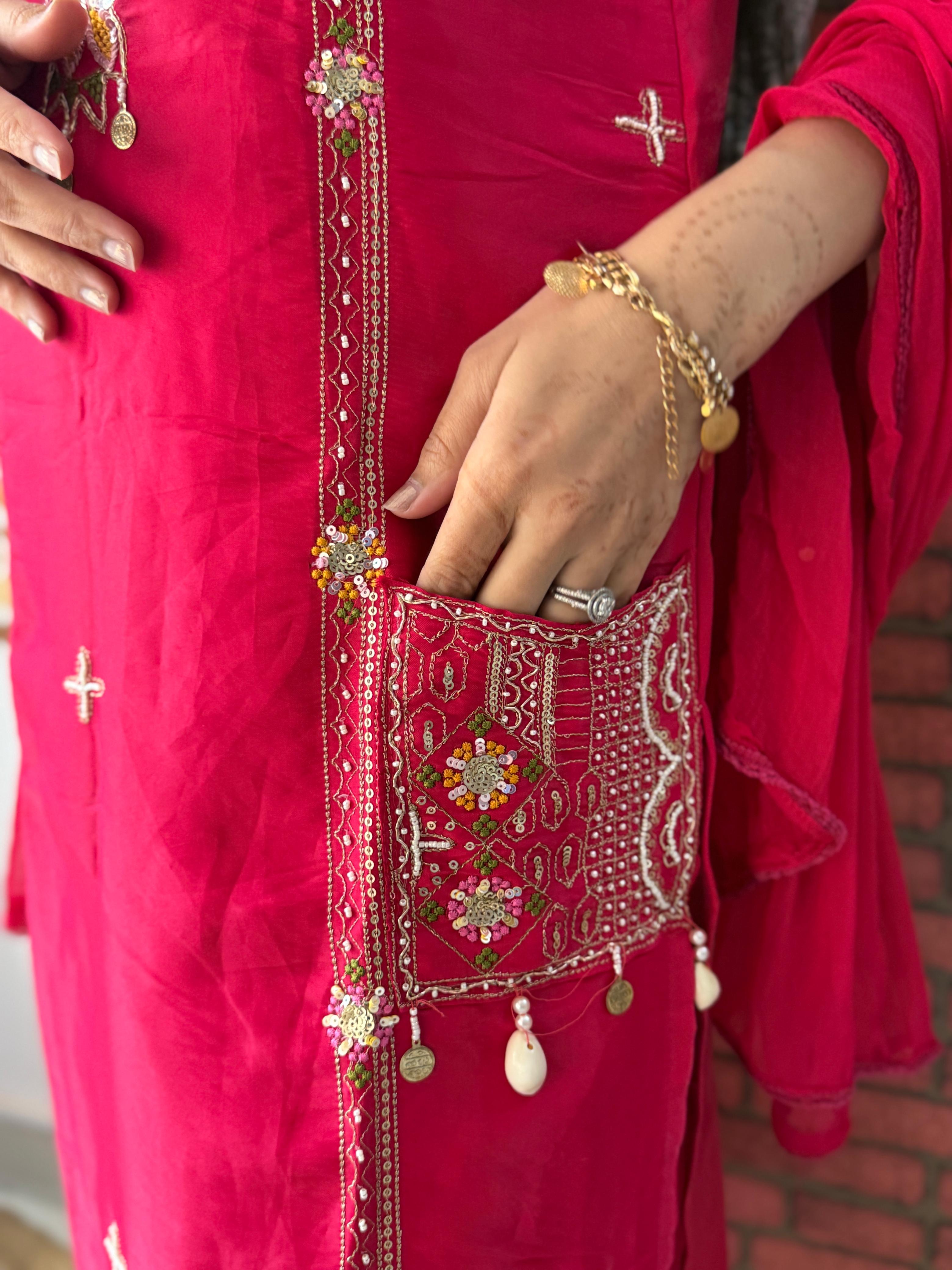 Simar Rani Pink Silk Embroidered Pocket Suit Set with Cowrie Shell Dupatta