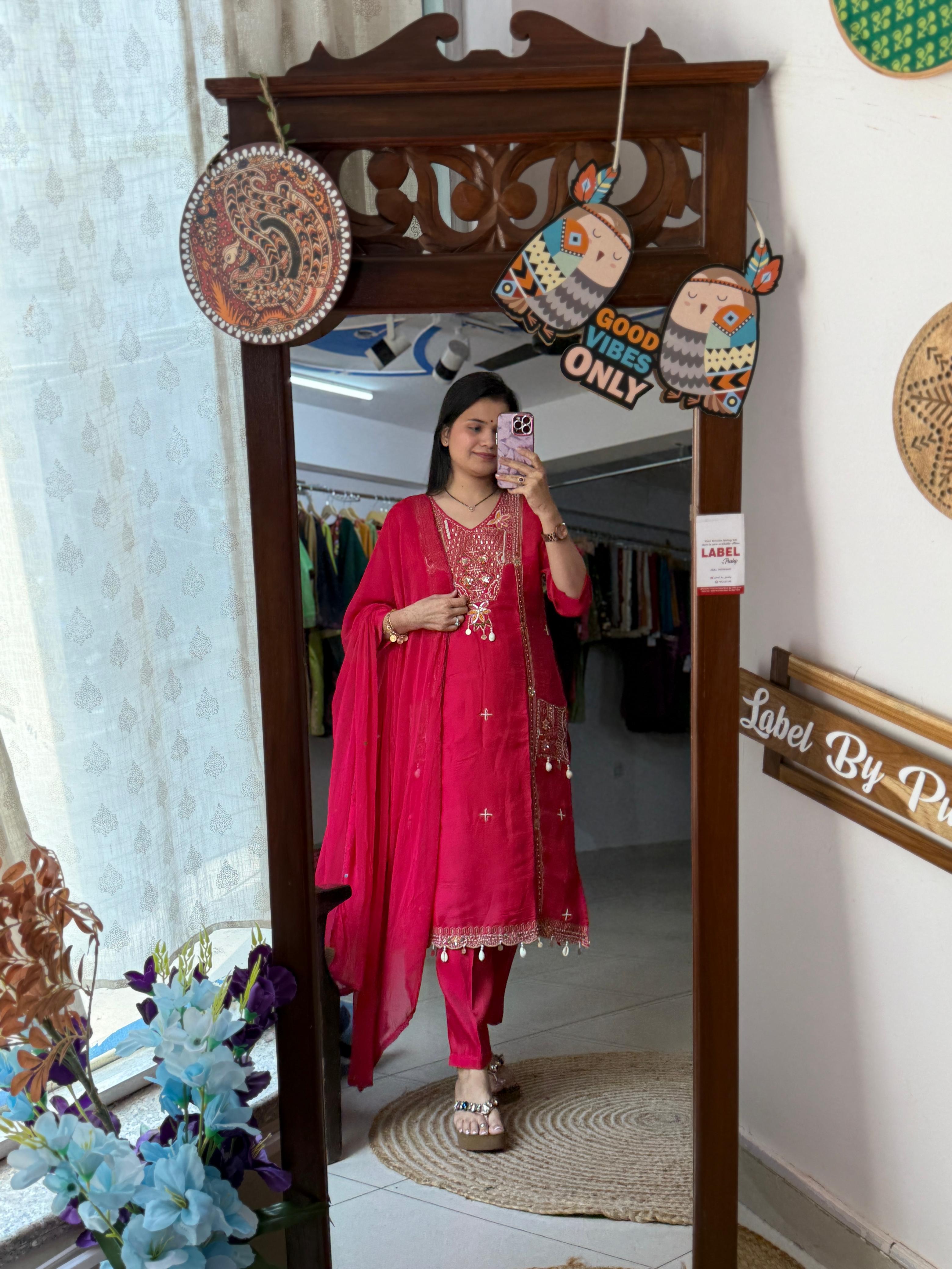 Simar Rani Pink Silk Embroidered Pocket Suit Set with Cowrie Shell Dupatta