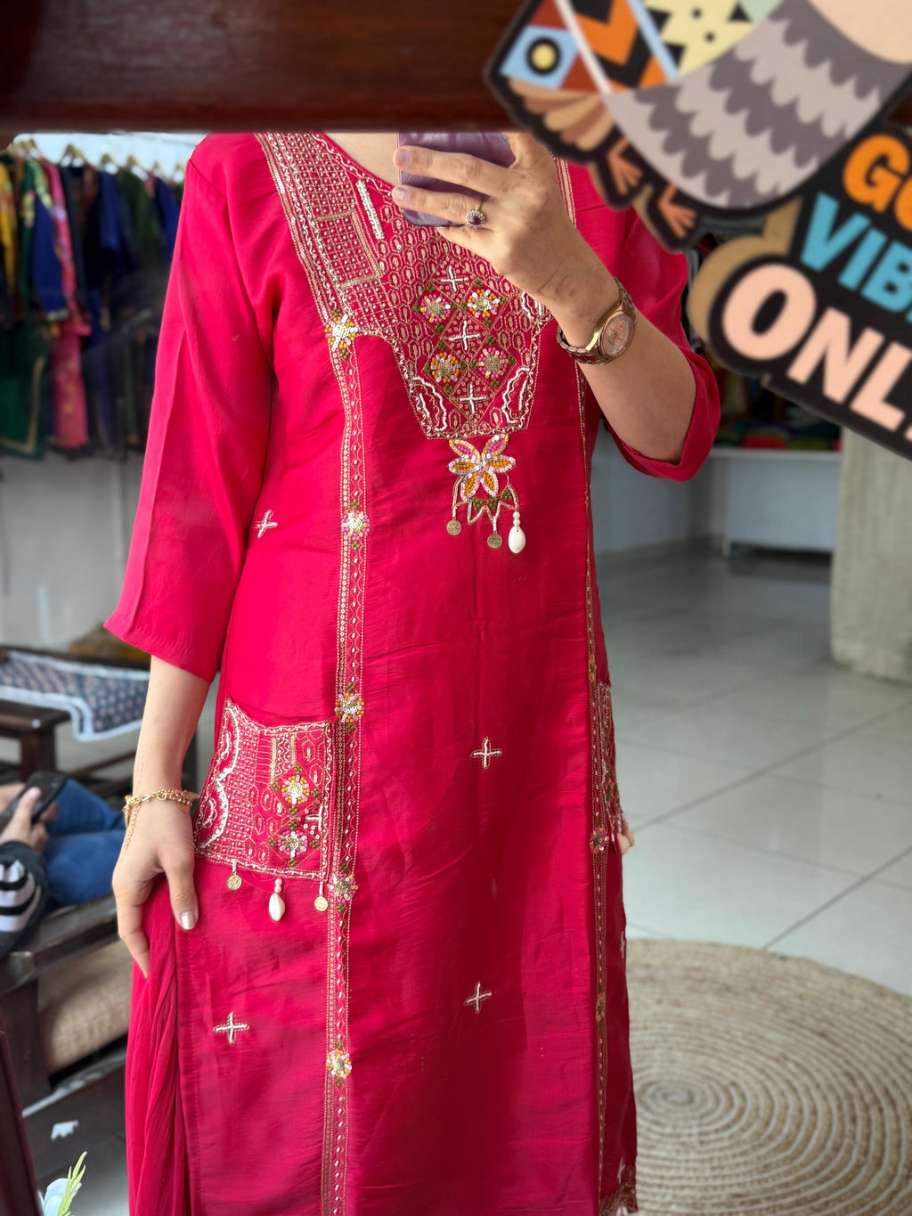 Simar Rani Pink Silk Embroidered Pocket Suit Set with Cowrie Shell Dupatta