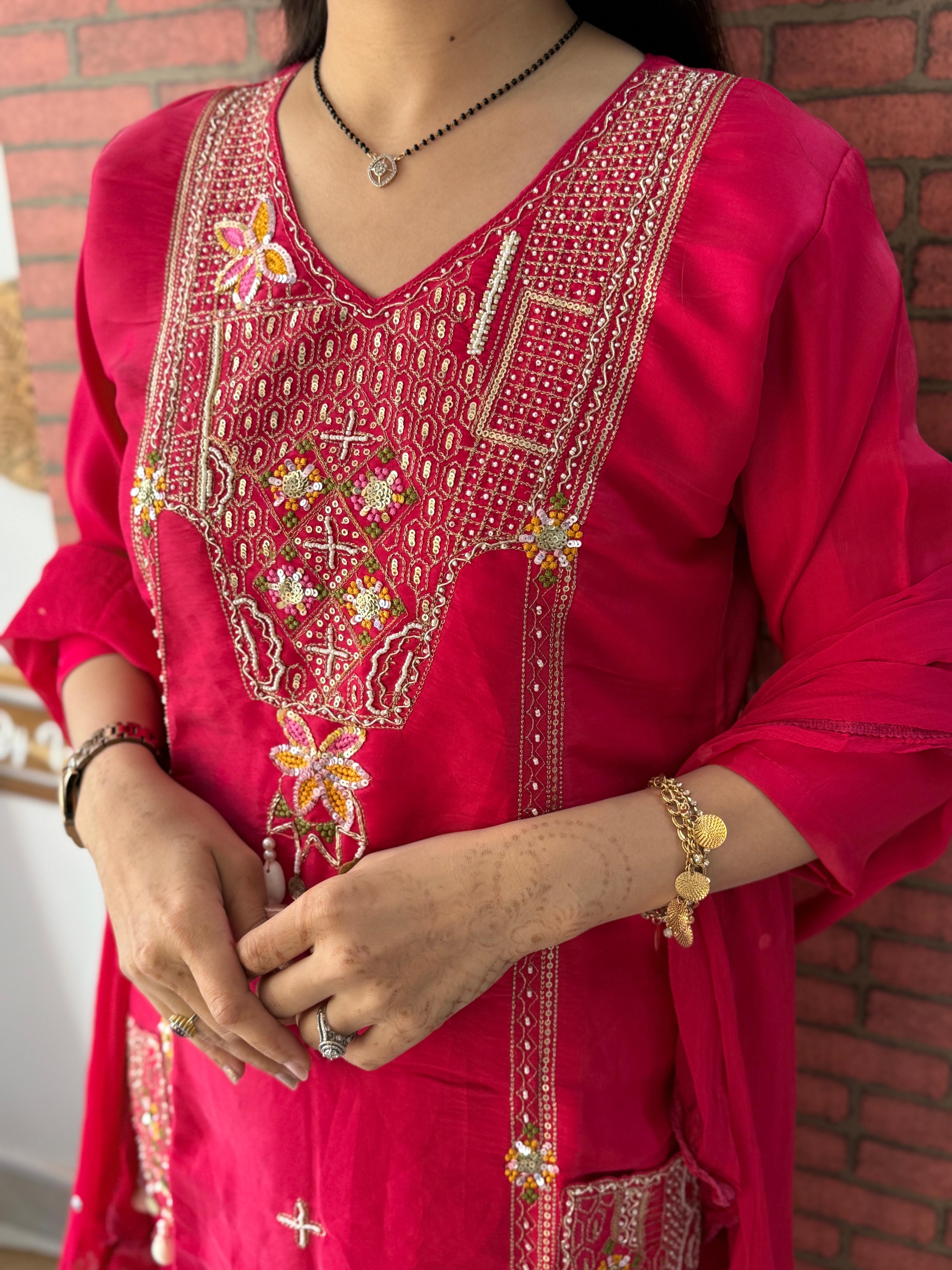 Simar Rani Pink Silk Embroidered Pocket Suit Set with Cowrie Shell Dupatta