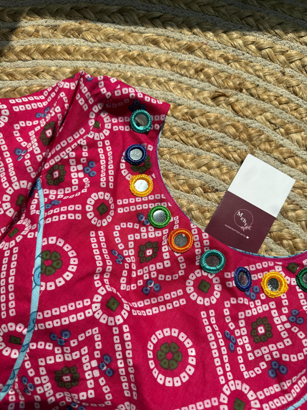 Rani Pink Bandhani Print Cotton Saree Blouse with Mirror Work Neckline