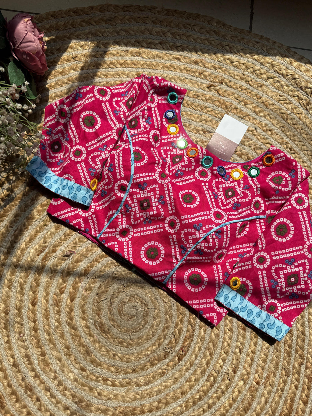 Rani Pink Bandhani Print Cotton Saree Blouse with Mirror Work Neckline