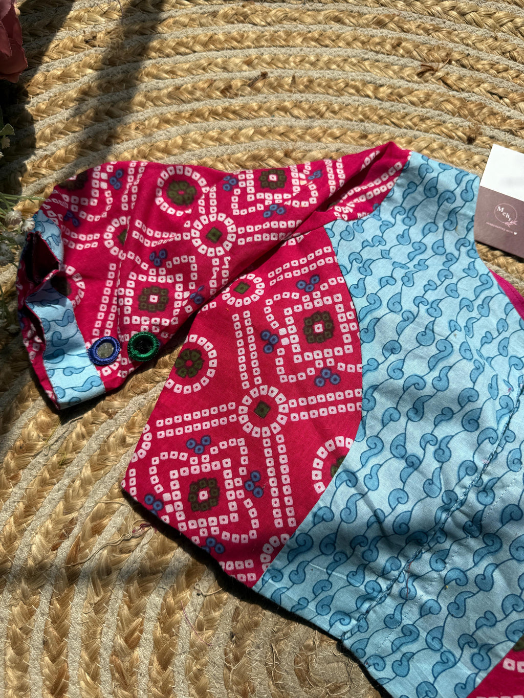 Rani Pink Bandhani Print Cotton Saree Blouse with Mirror Work Neckline