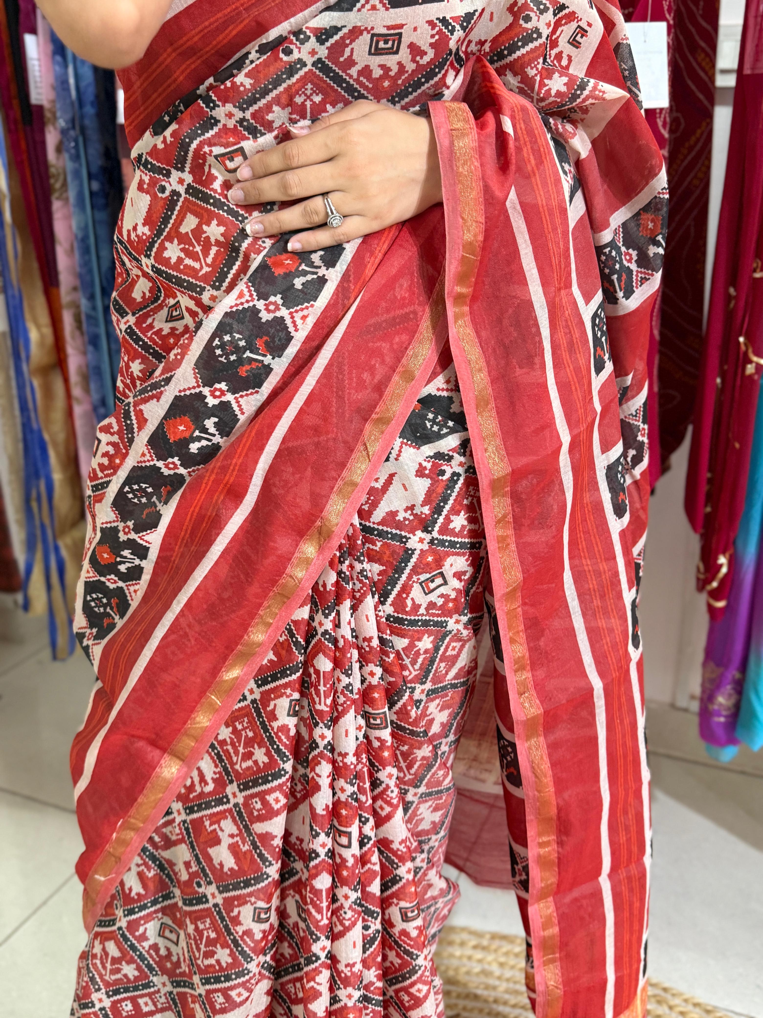 Red & Off-White Patola Printed Silk Cotton Saree with Zari Border