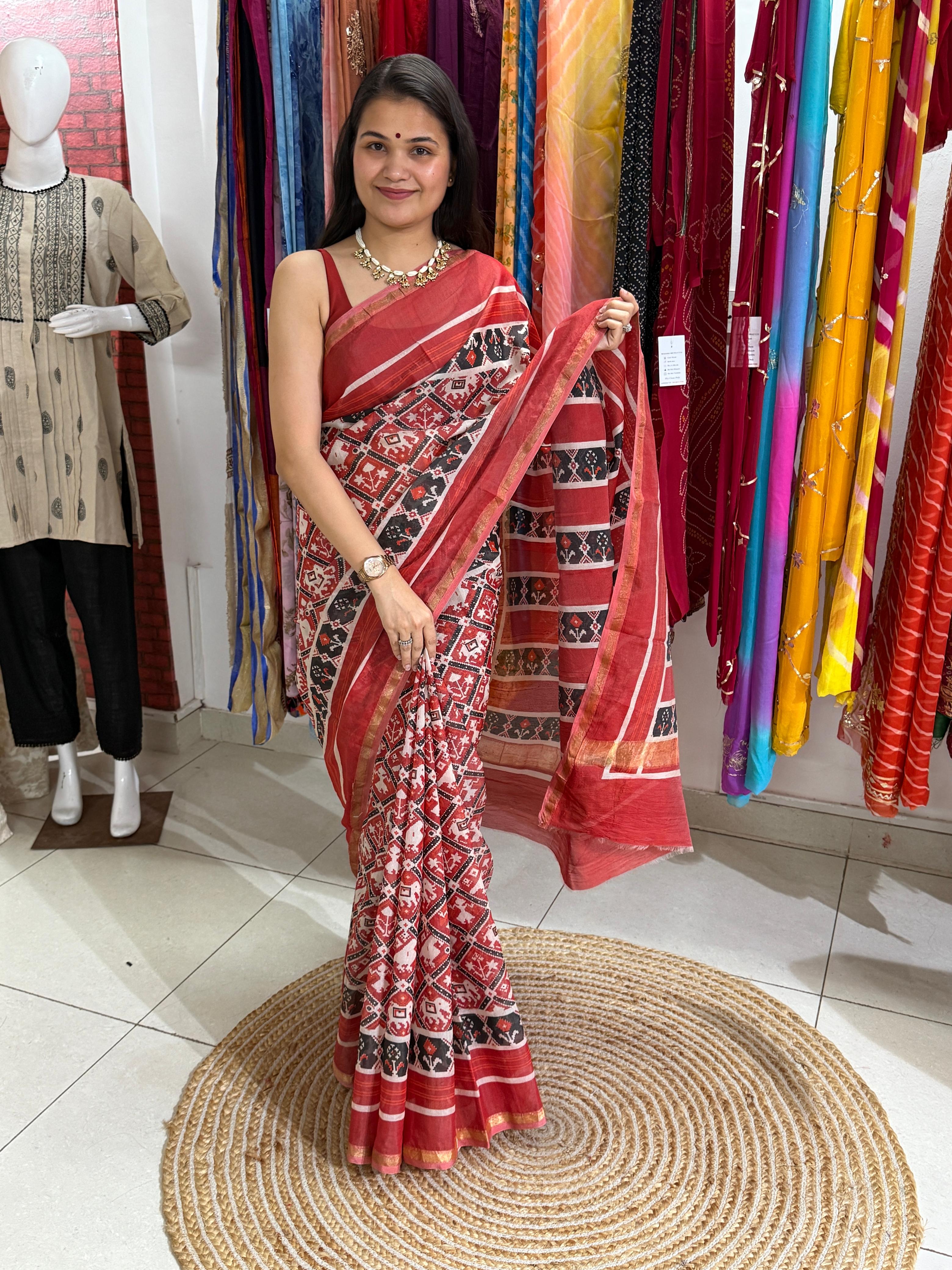 Red & Off-White Patola Printed Silk Cotton Saree with Zari Border