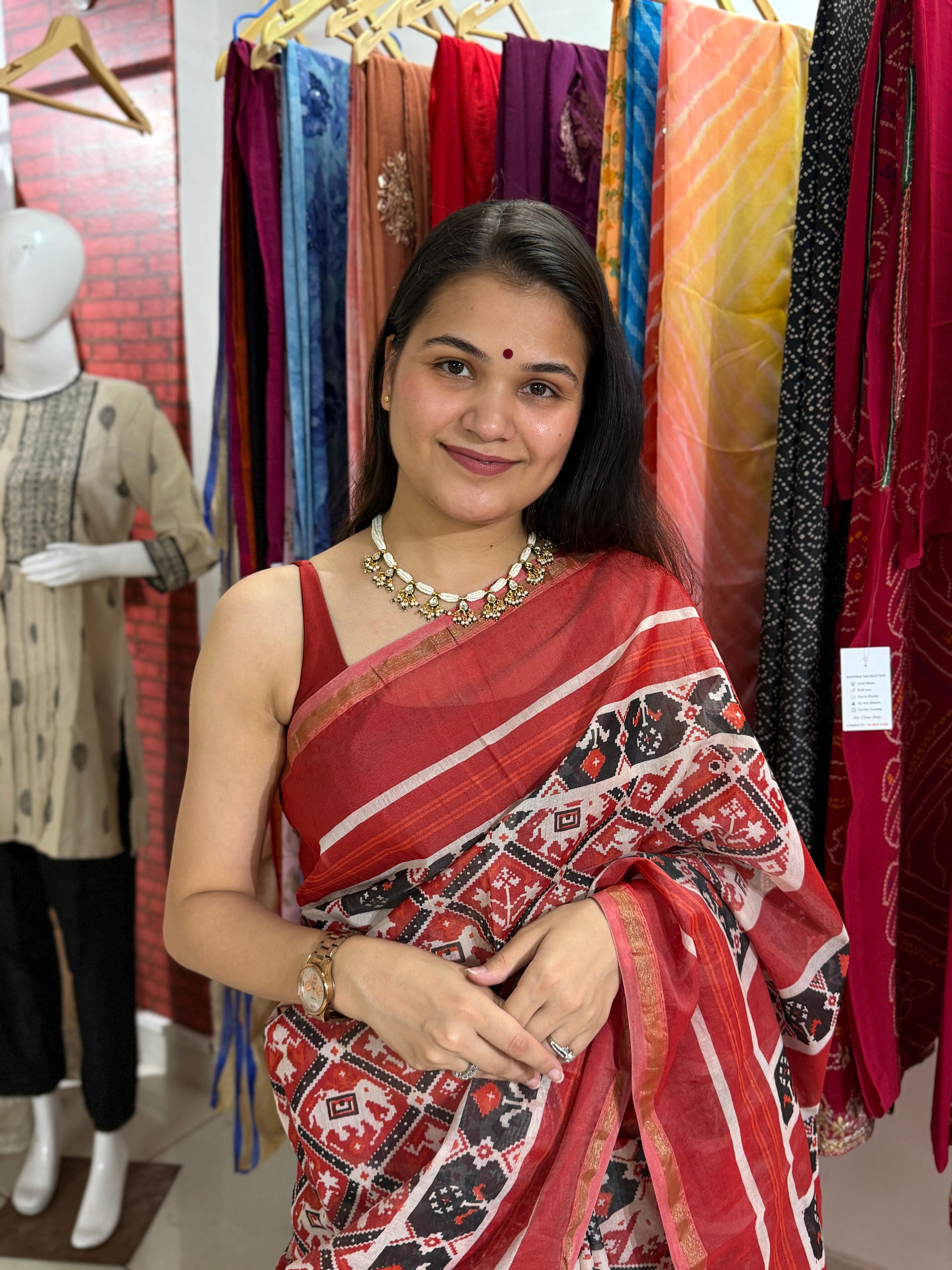 Red & Off-White Patola Printed Silk Cotton Saree with Zari Border