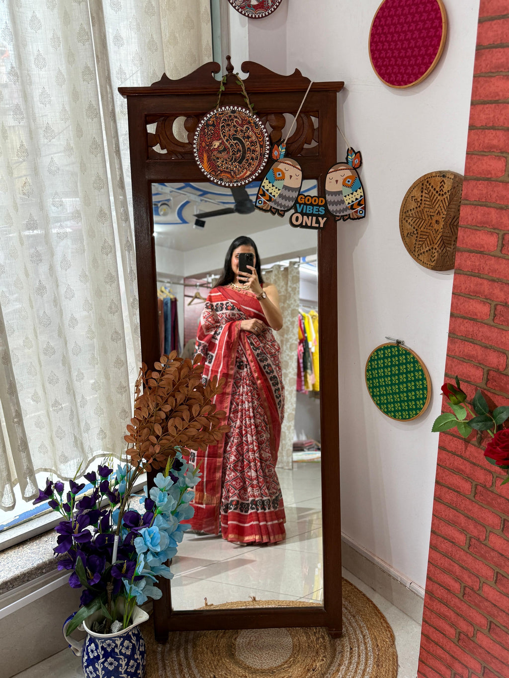 Red & Off-White Patola Printed Silk Cotton Saree with Zari Border