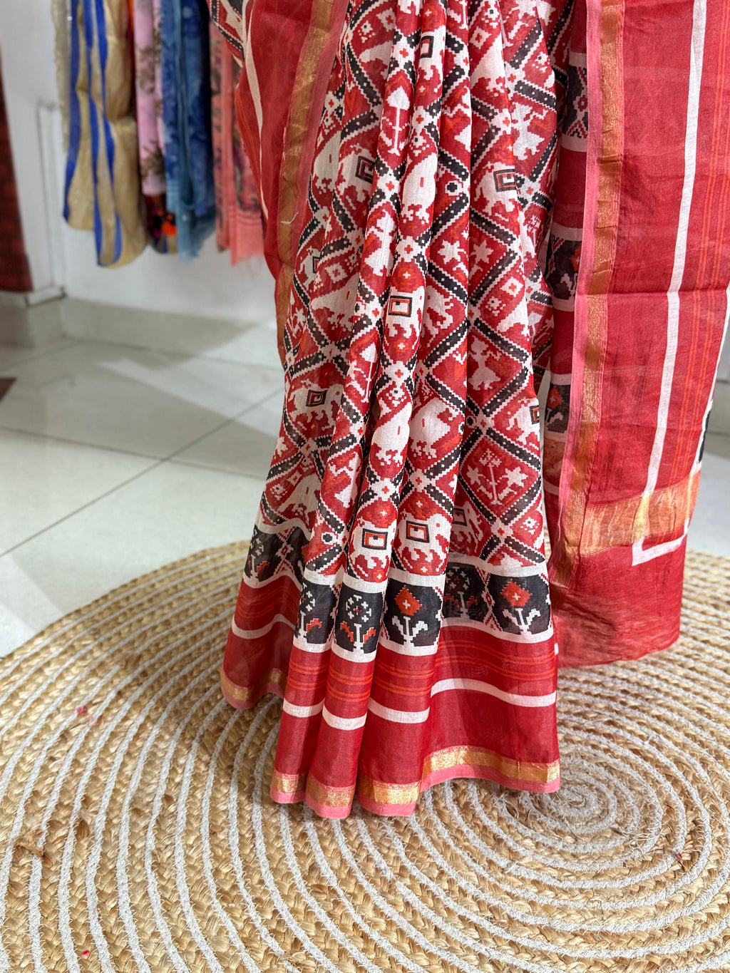 Red & Off-White Patola Printed Silk Cotton Saree with Zari Border