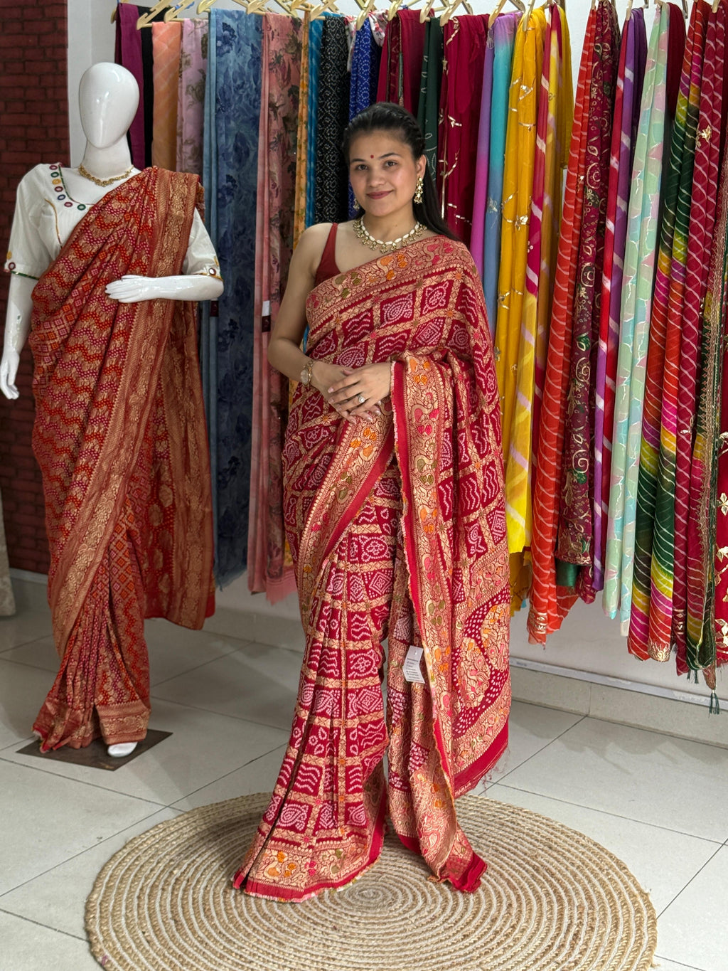 Red Handwoven Gharchola Silk Saree with Zari Grid Work & Bandhani