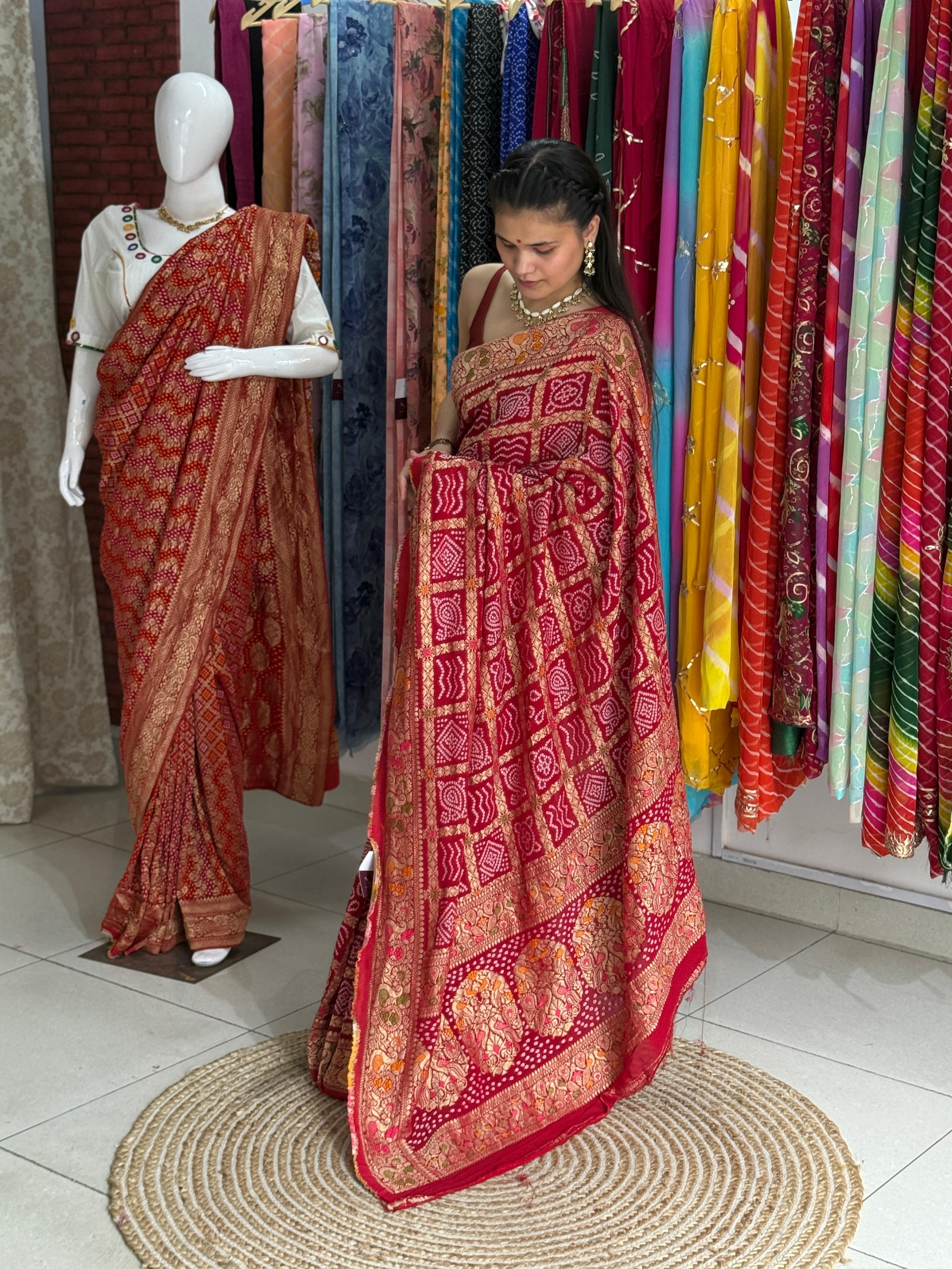 Red Handwoven Gharchola Silk Saree with Zari Grid Work & Bandhani