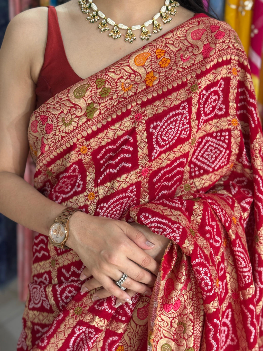 Red Handwoven Gharchola Silk Saree with Zari Grid Work & Bandhani