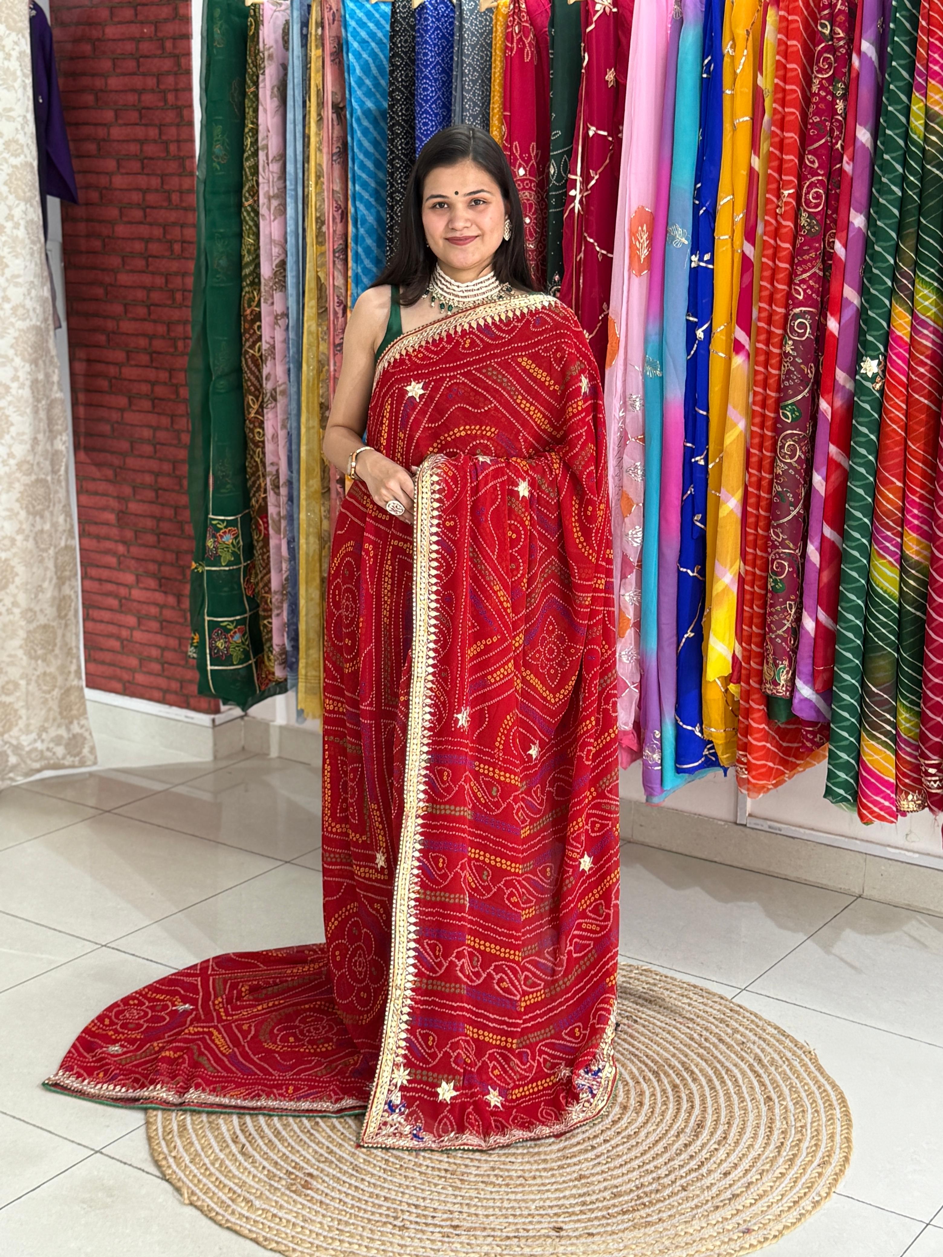 Georgette Bandhani Saree with Gota Patti & Zari Handwork Border
