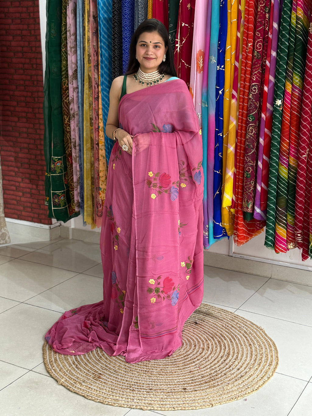 Dusty Rose Pink Pure Chiffon Handpainted Floral Saree