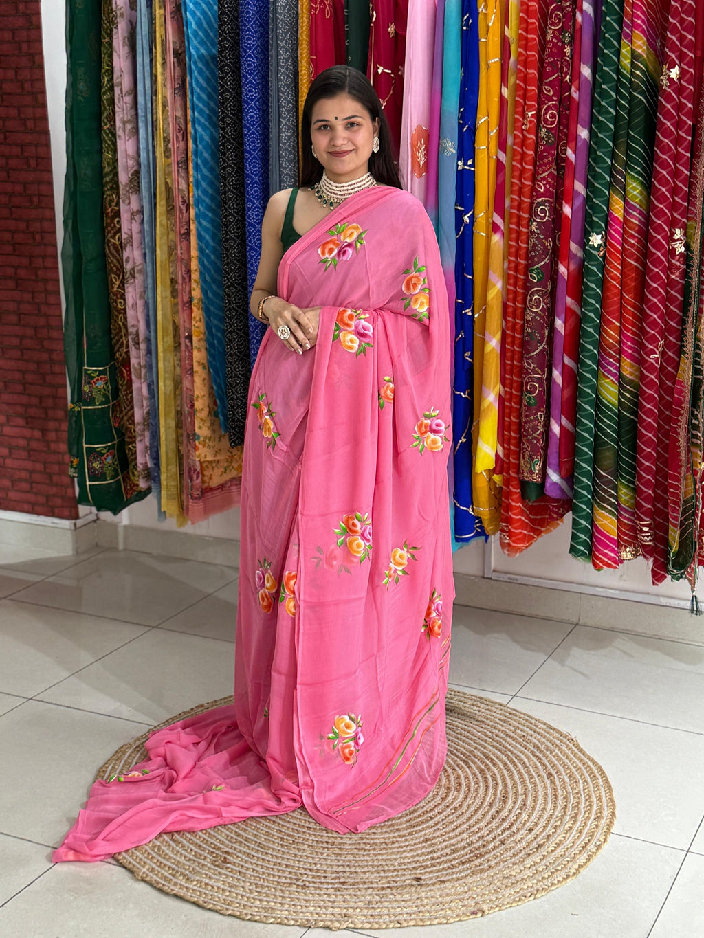 Dusty Rose Pink Pure Chiffon Handpainted Floral Saree