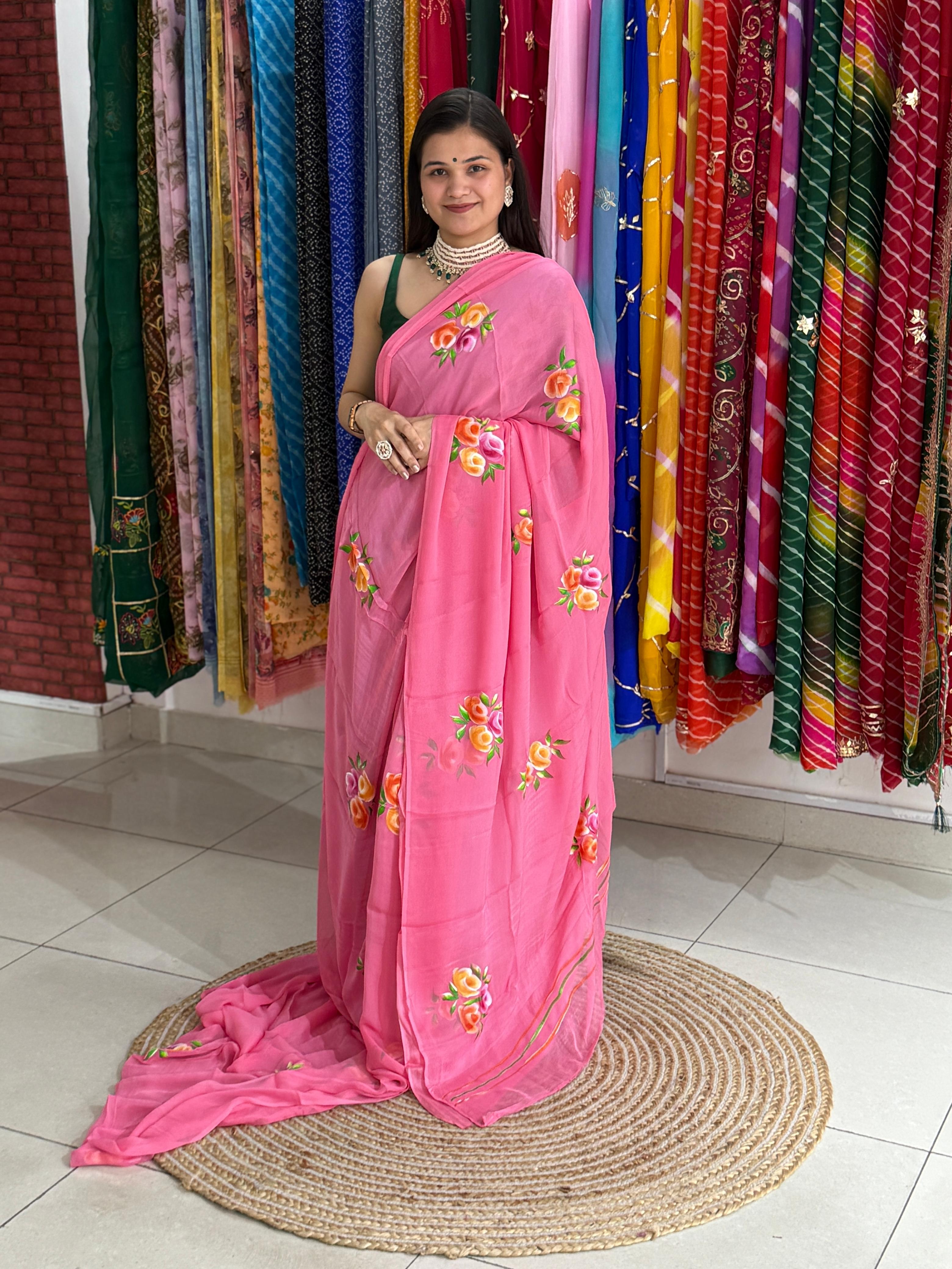 Dusty Rose Pink Pure Chiffon Handpainted Floral Saree
