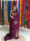 Dusty Rose Pink Pure Chiffon Handpainted Floral Saree