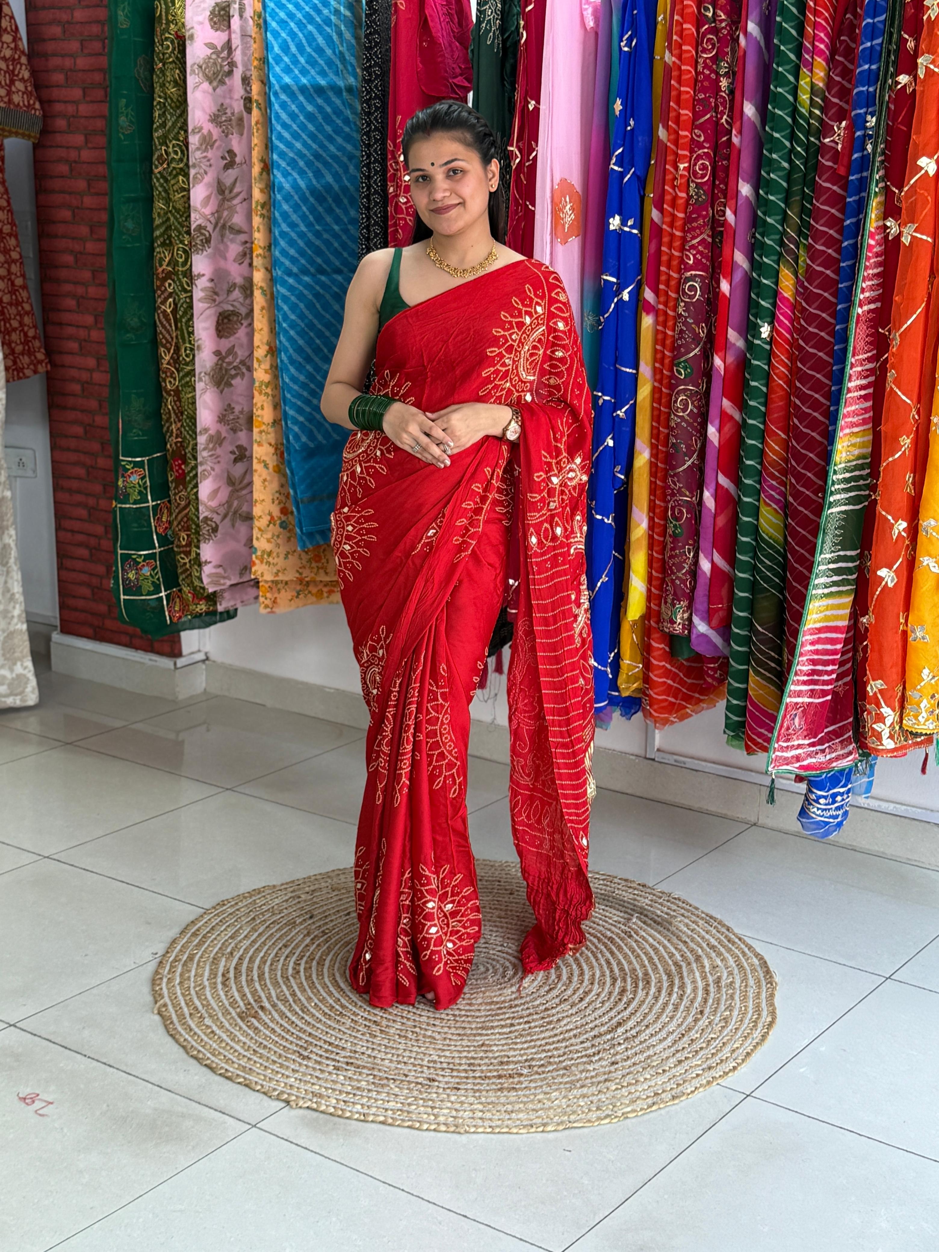 Crimson Red Pure Gajji Silk Gota Patti Bandhani Saree