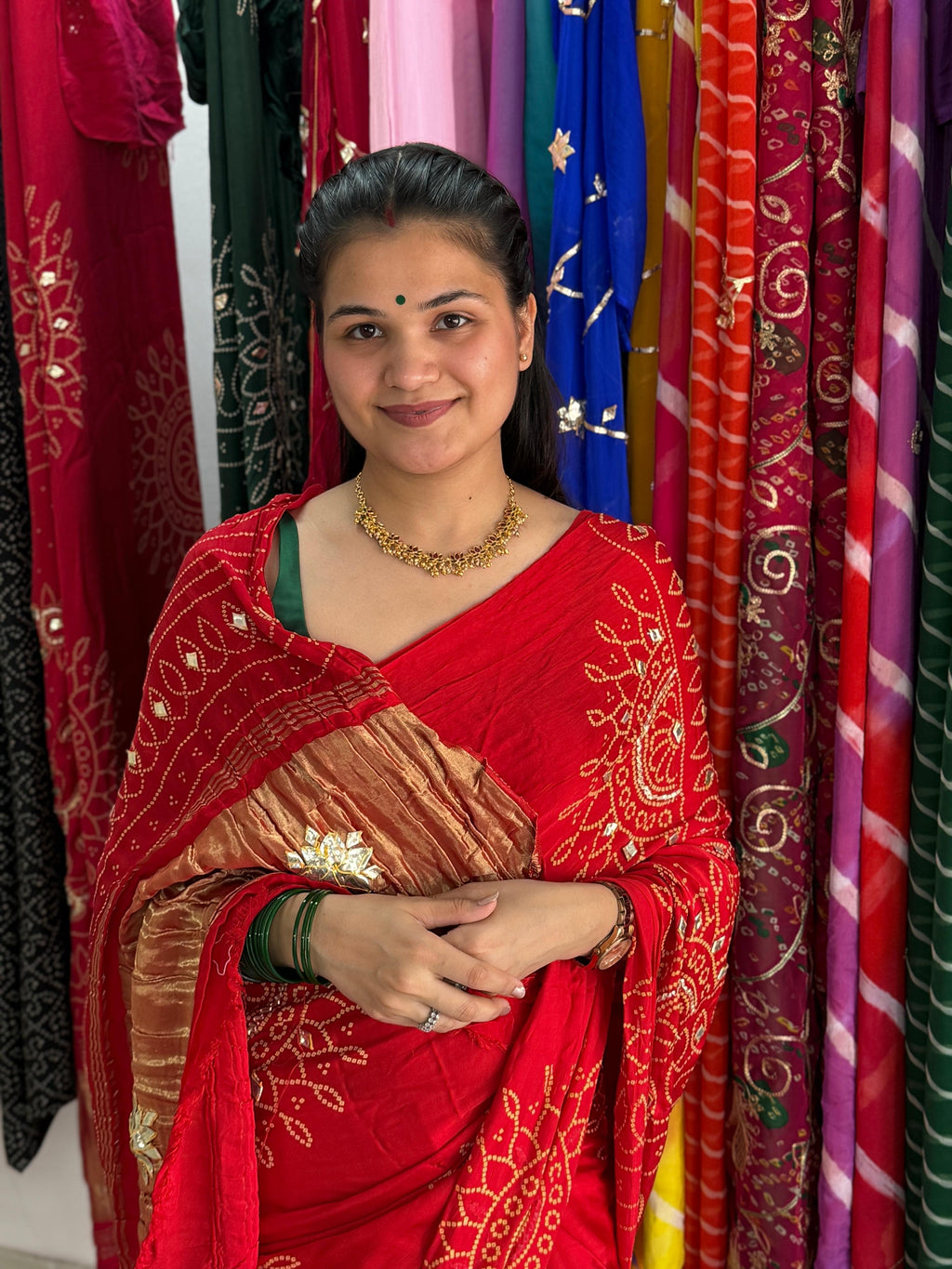 Crimson Red Pure Gajji Silk Gota Patti Bandhani Saree