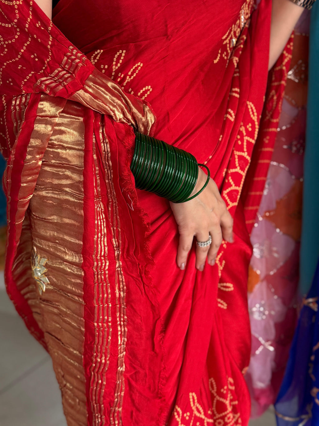 Crimson Red Pure Gajji Silk Gota Patti Bandhani Saree