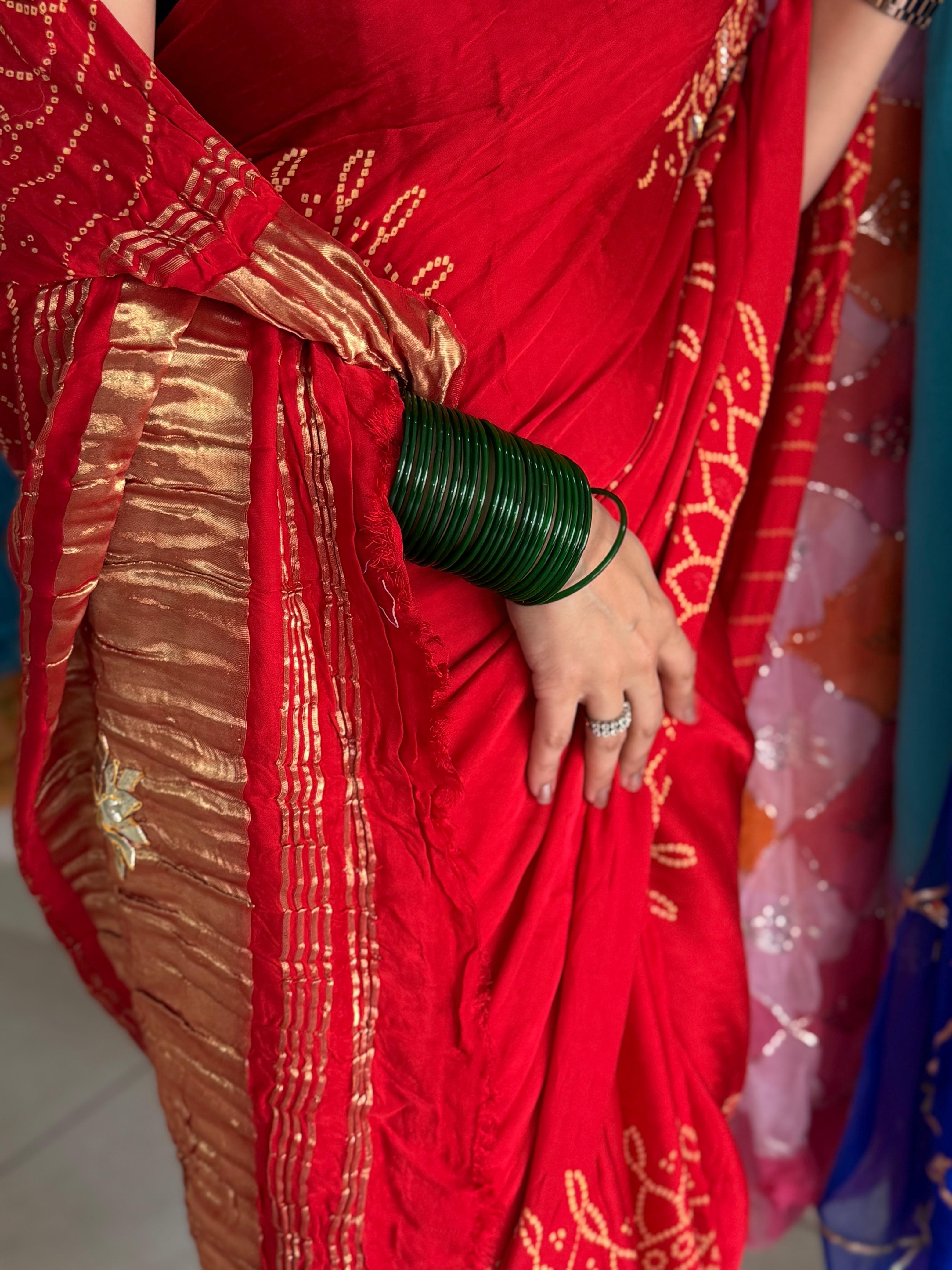 Crimson Red Pure Gajji Silk Gota Patti Bandhani Saree