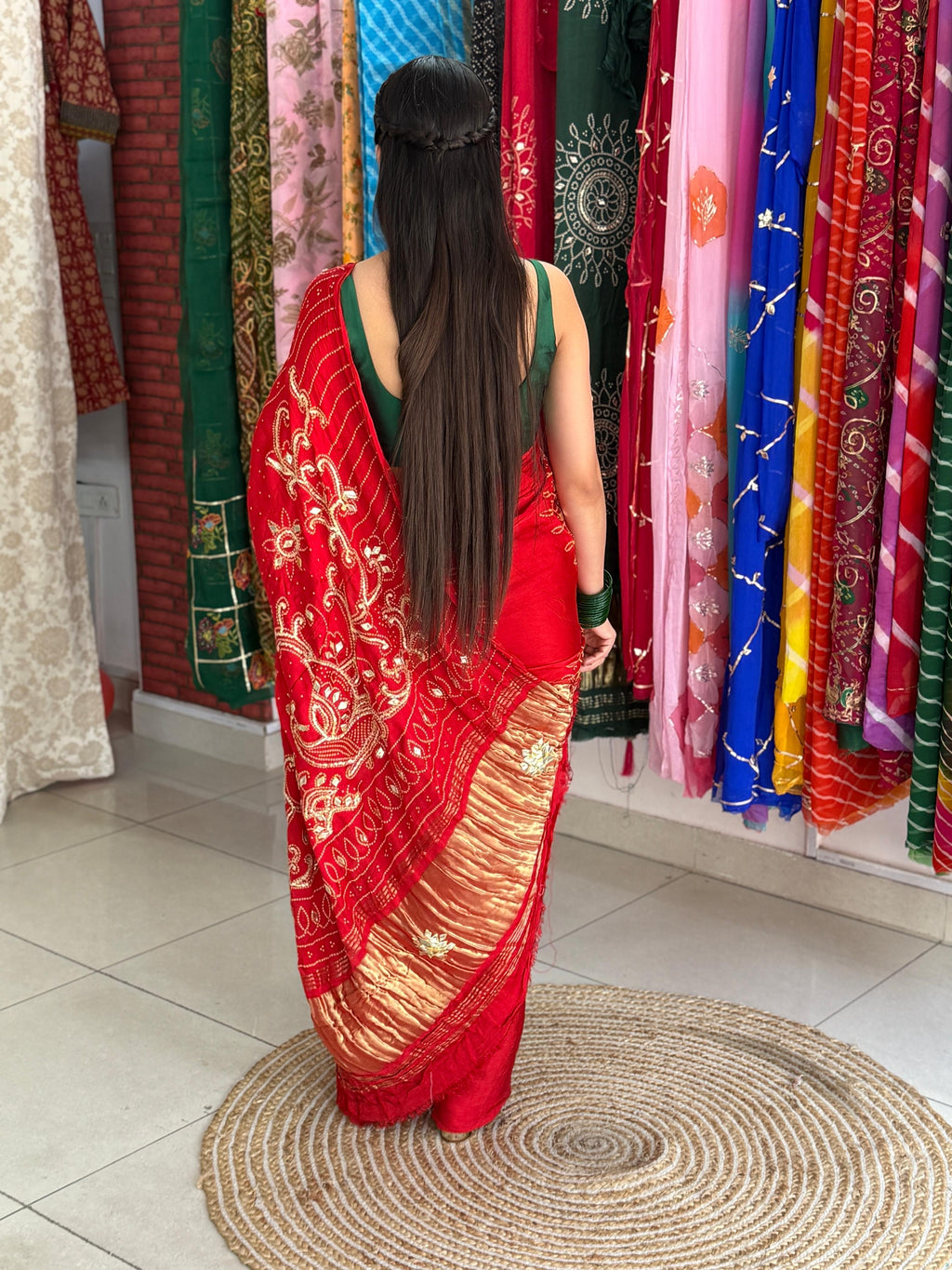 Crimson Red Pure Gajji Silk Gota Patti Bandhani Saree