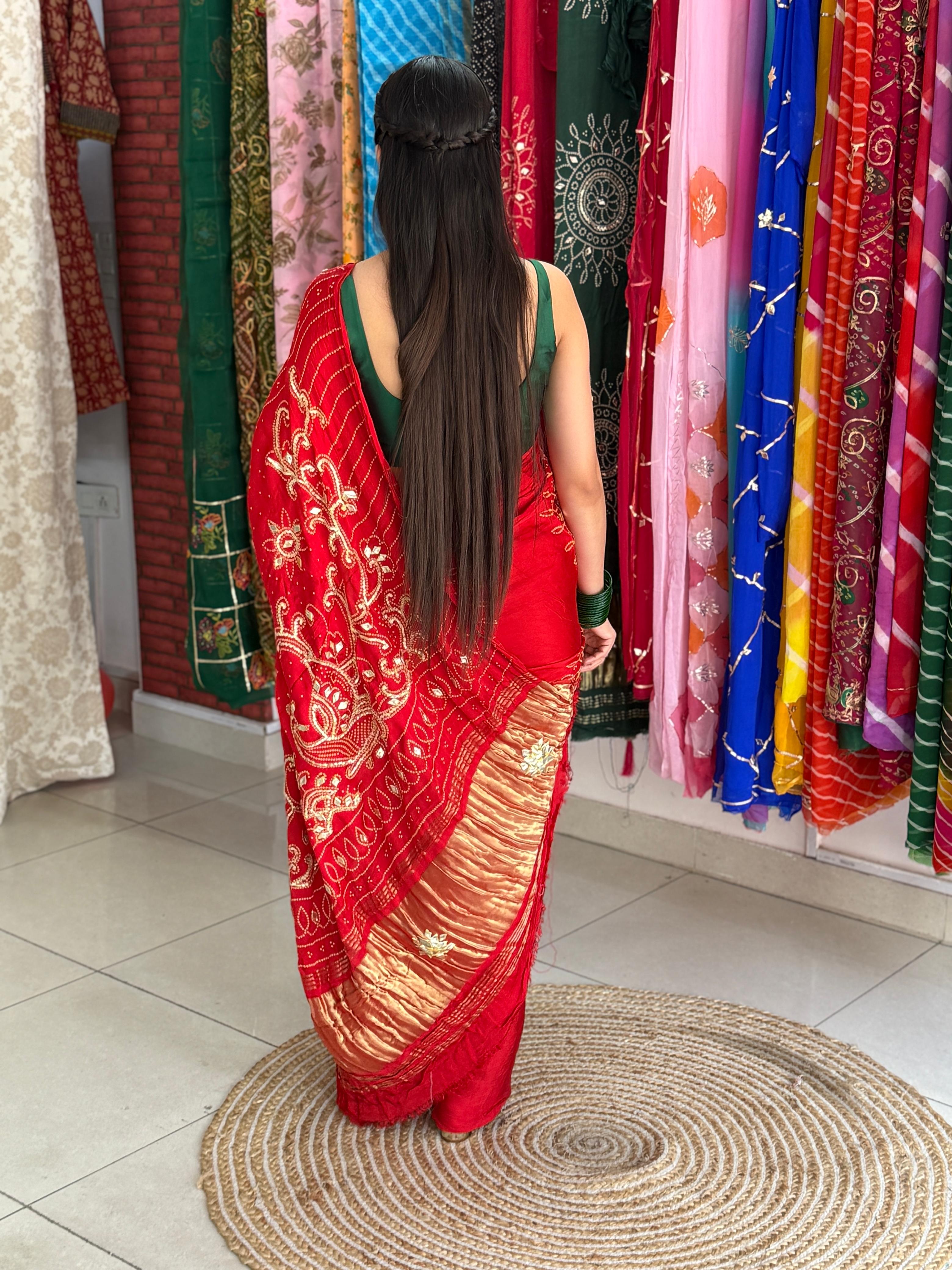 Crimson Red Pure Gajji Silk Gota Patti Bandhani Saree