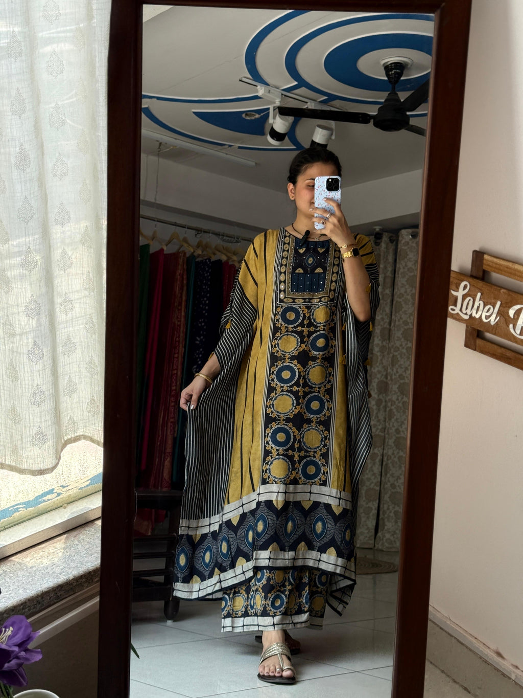 Mustard Yellow & Navy Blue Geometric Printed Pure Muslin Kaftan Set with Mirror Work