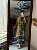 Mustard Yellow & Navy Blue Geometric Printed Pure Muslin Kaftan Set with Mirror Work