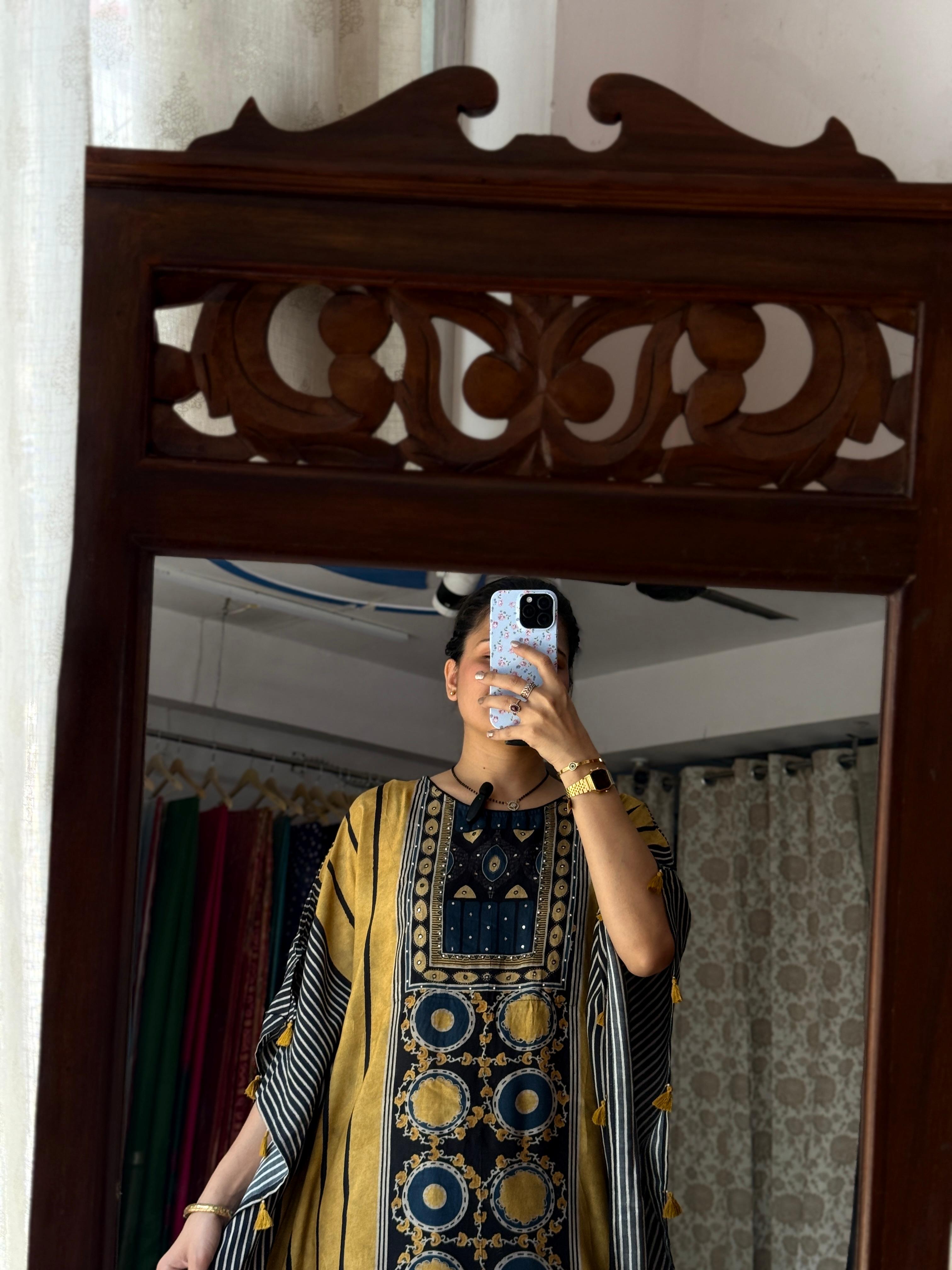 Mustard Yellow & Navy Blue Geometric Printed Pure Muslin Kaftan Set with Mirror Work