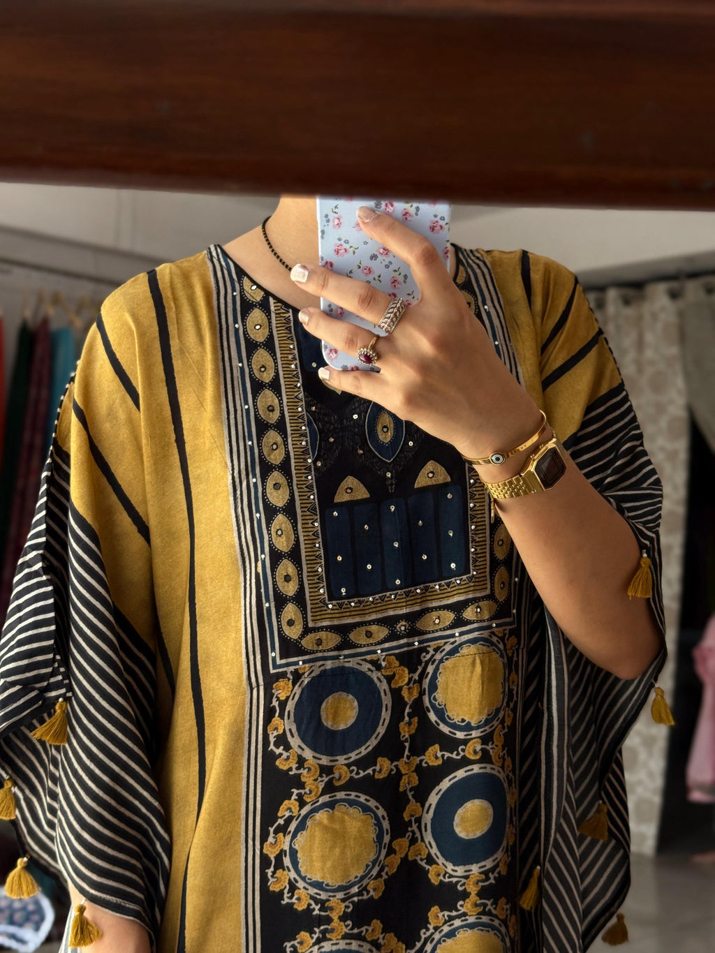 Mustard Yellow & Navy Blue Geometric Printed Pure Muslin Kaftan Set with Mirror Work