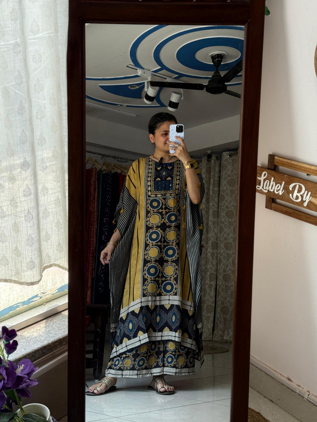 Mustard Yellow & Navy Blue Geometric Printed Pure Muslin Kaftan Set with Mirror Work