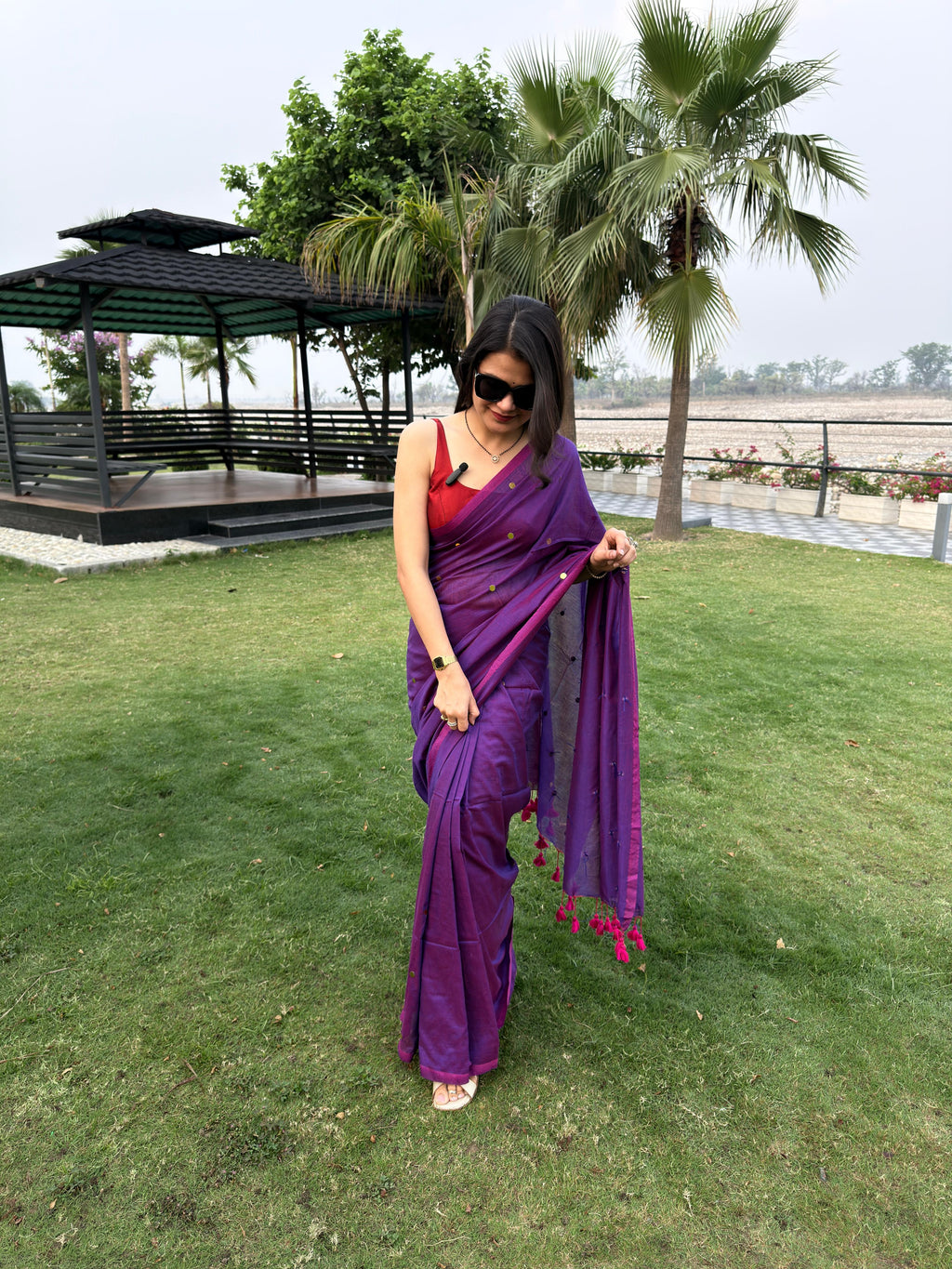 Dual Tone Purple Chiffon Sitara Saree with Golden Sequin Buttis & Tassels