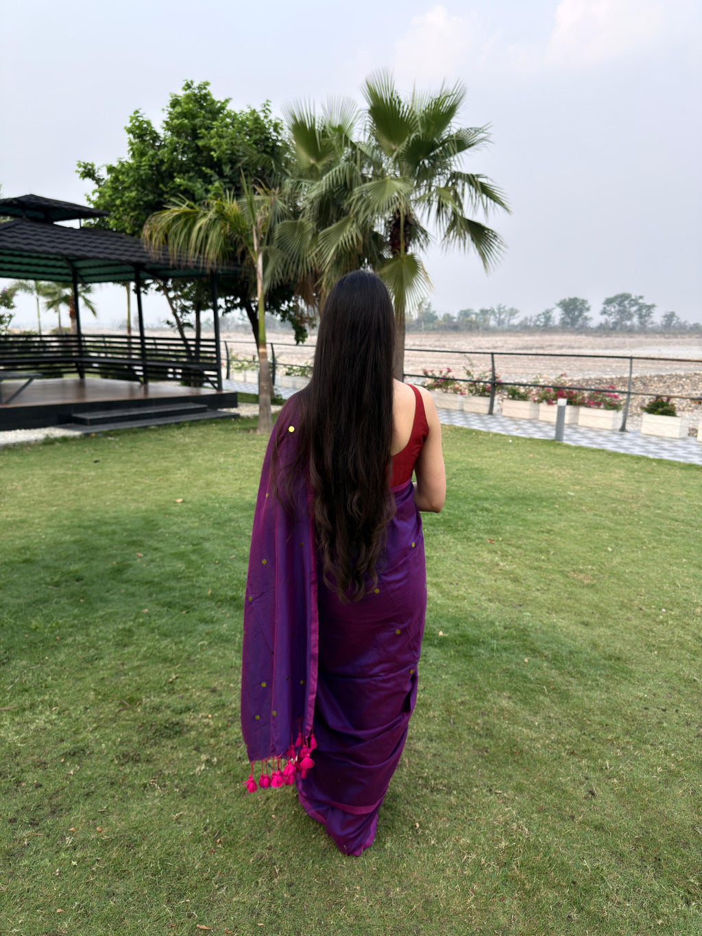 Dual Tone Purple Chiffon Sitara Saree with Golden Sequin Buttis & Tassels