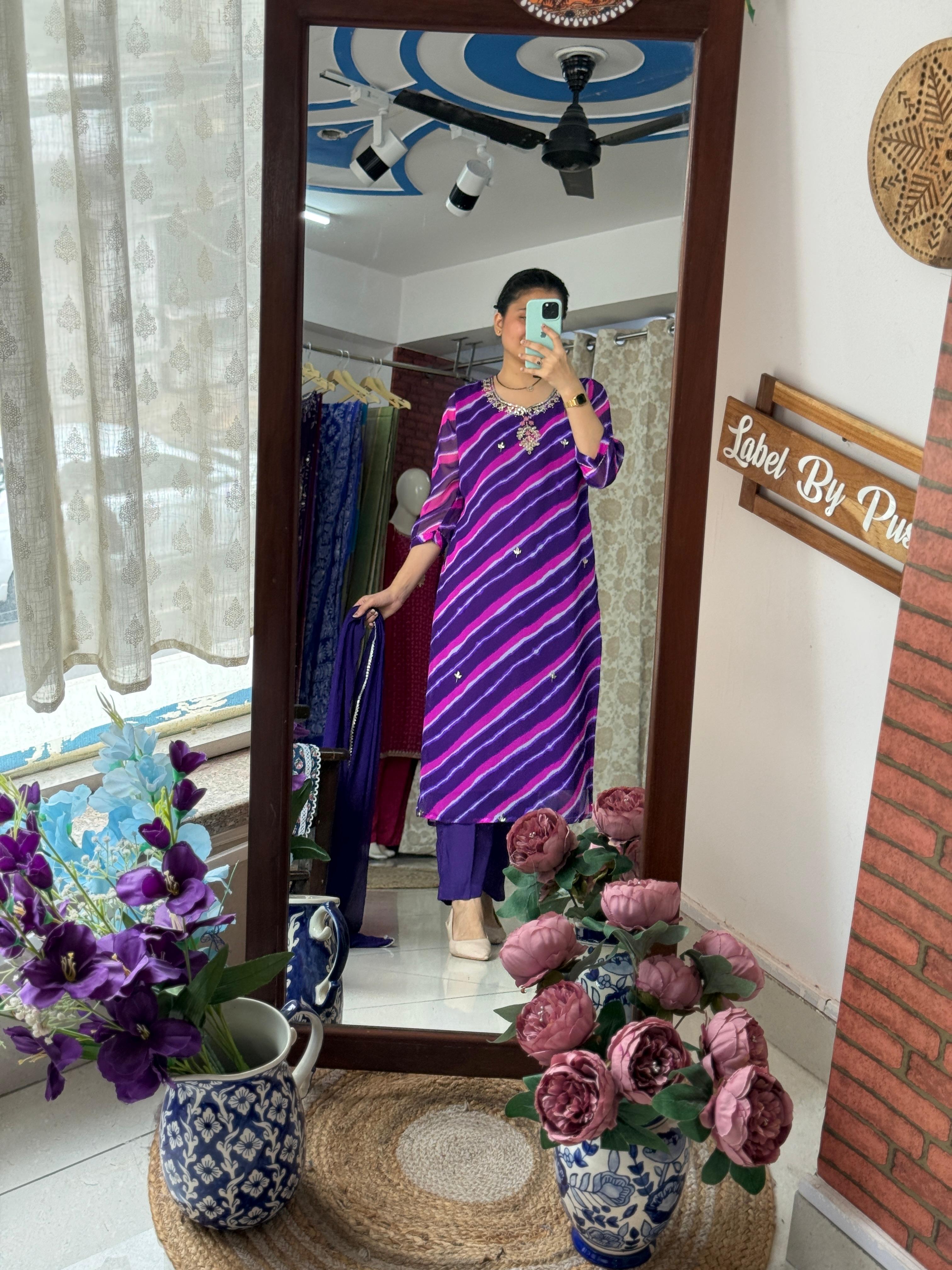 Purple Leheriya Suit Set with Gotta Patti