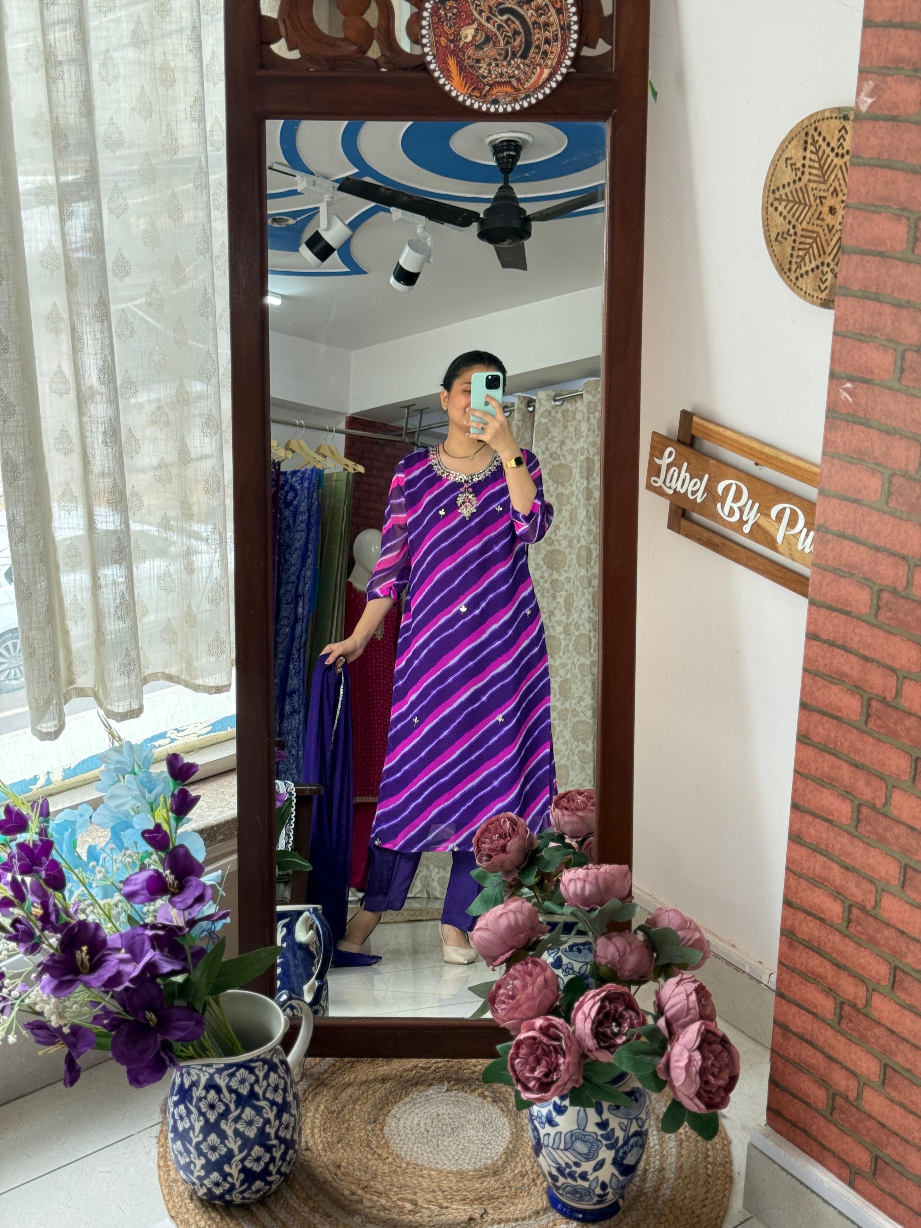 Purple Leheriya Suit Set with Gotta Patti