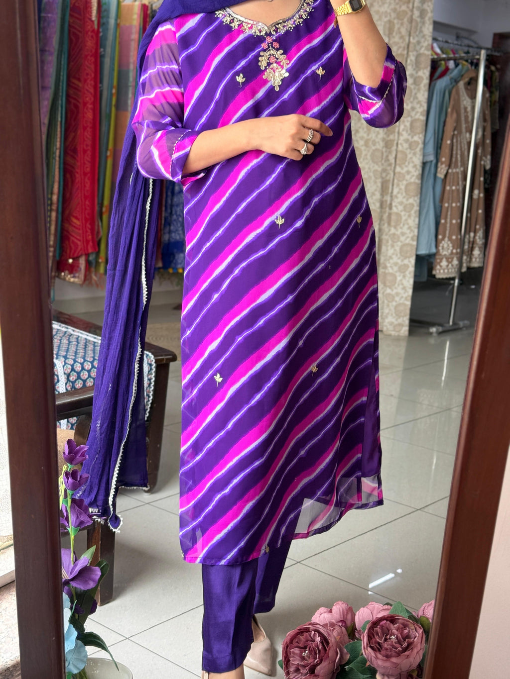Purple Leheriya Suit Set with Gotta Patti