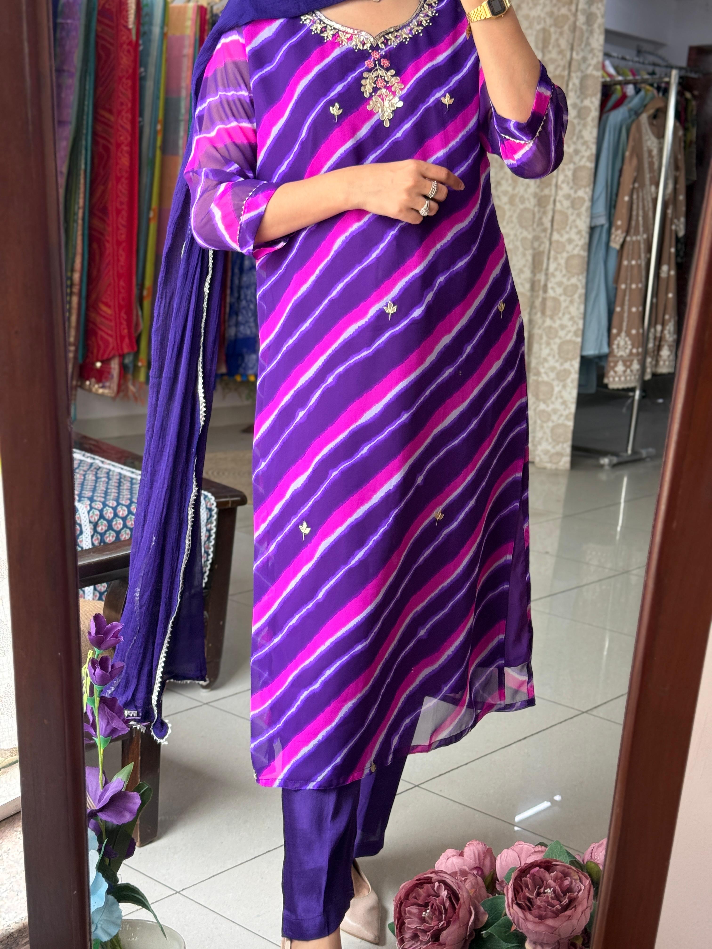 Purple Leheriya Suit Set with Gotta Patti