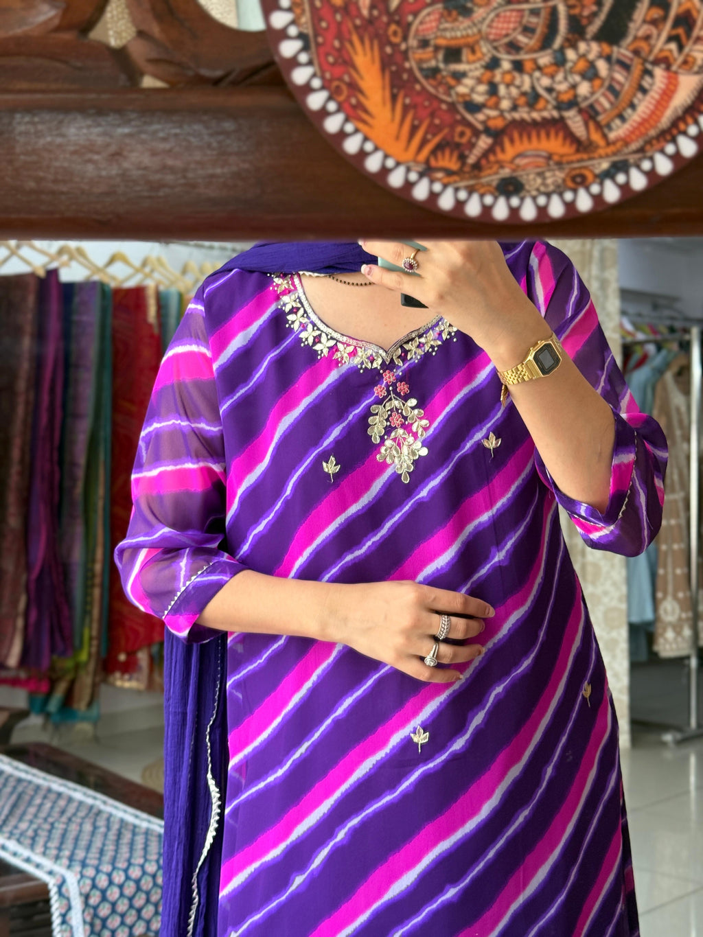 Purple Leheriya Suit Set with Gotta Patti