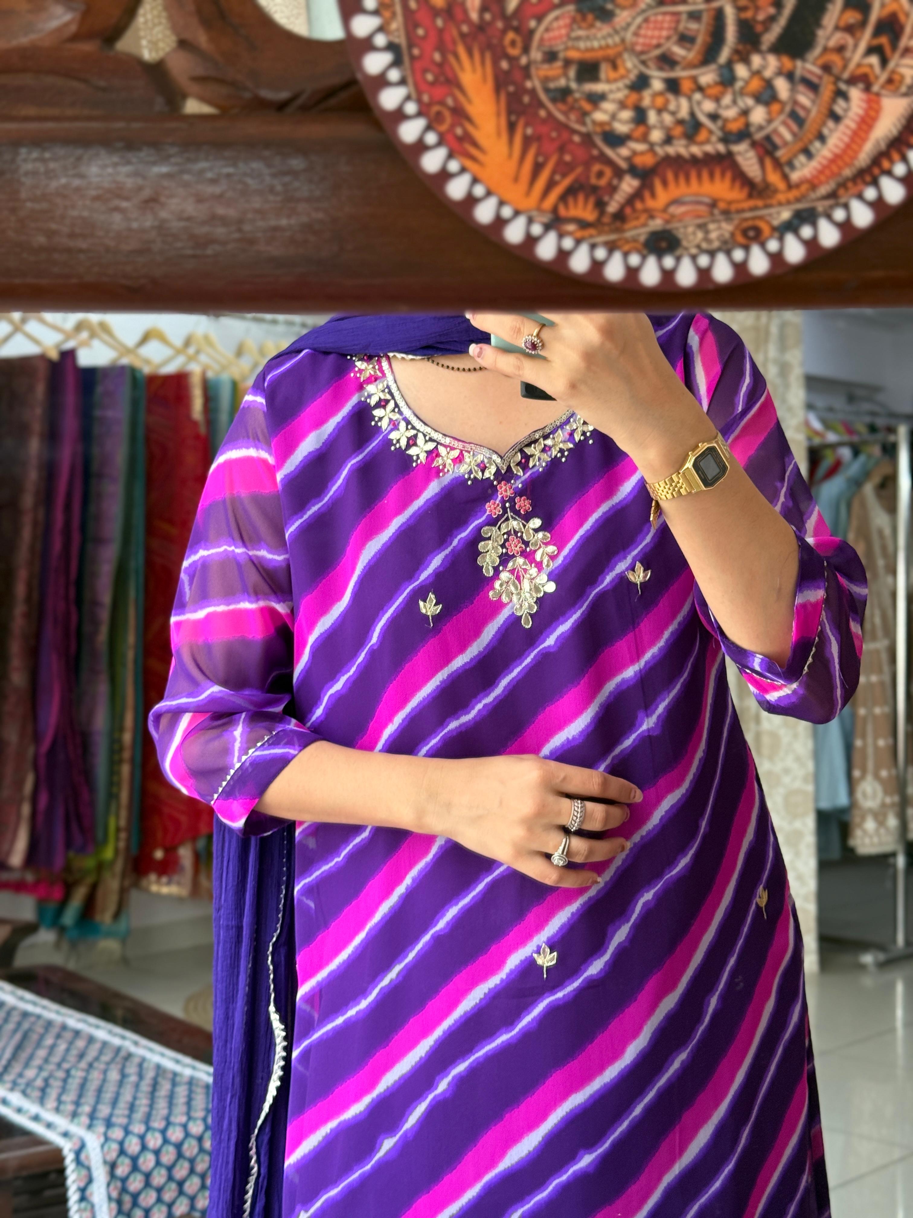Purple Leheriya Suit Set with Gotta Patti