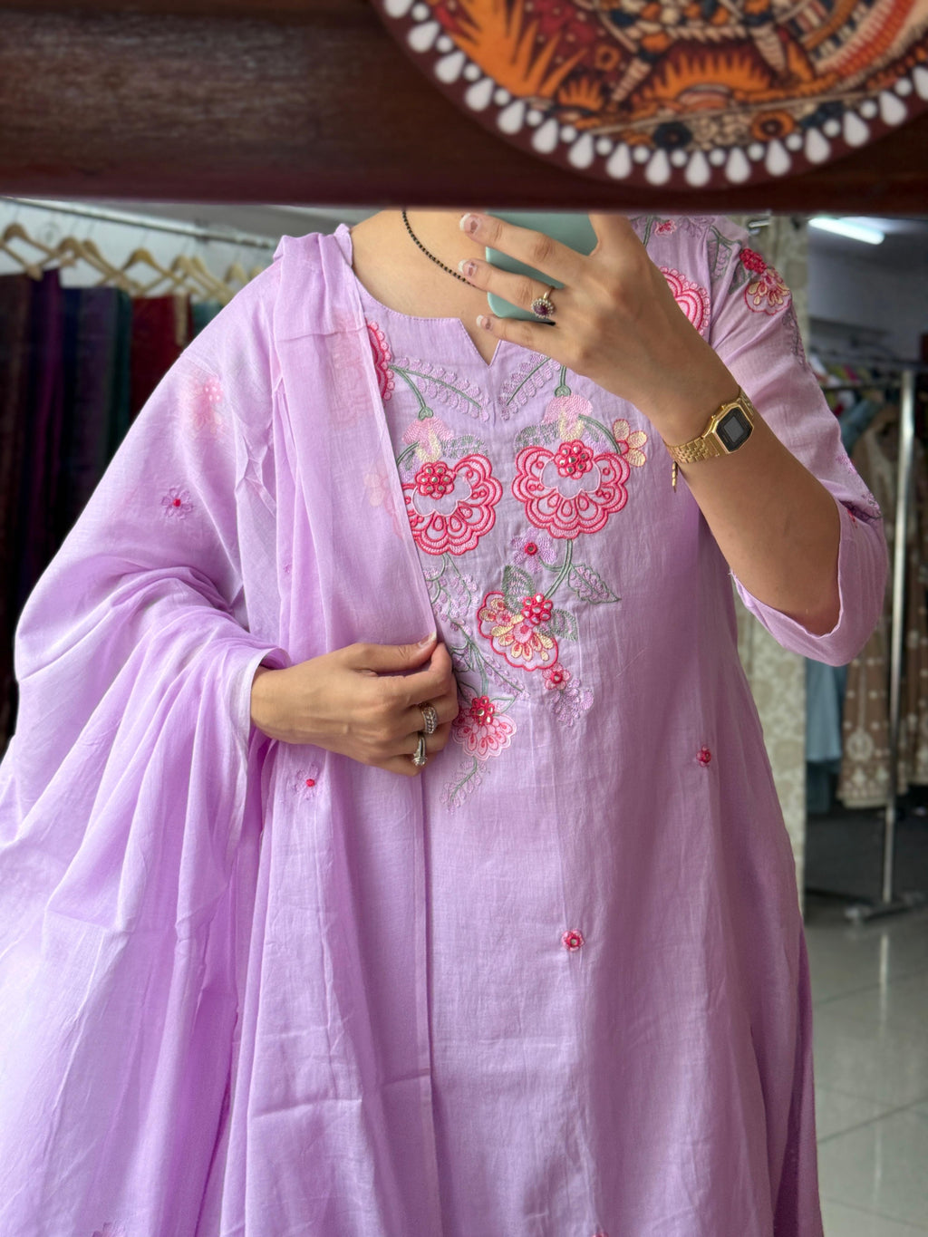Kasak Mul Cotton Suit Set with Mul Cotton Lining & Embroidered Sleeves