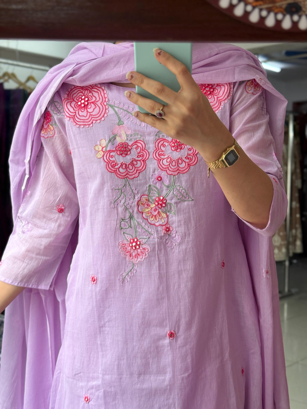 Kasak Mul Cotton Suit Set with Mul Cotton Lining & Embroidered Sleeves