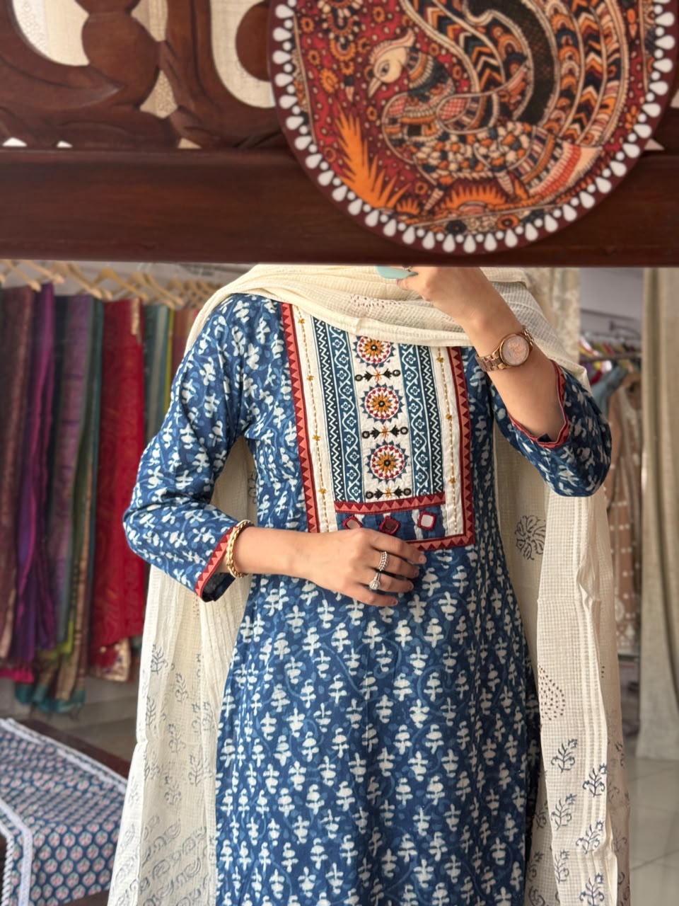 Indigo Embroidered Suit Set with Kota Doria Dupatta