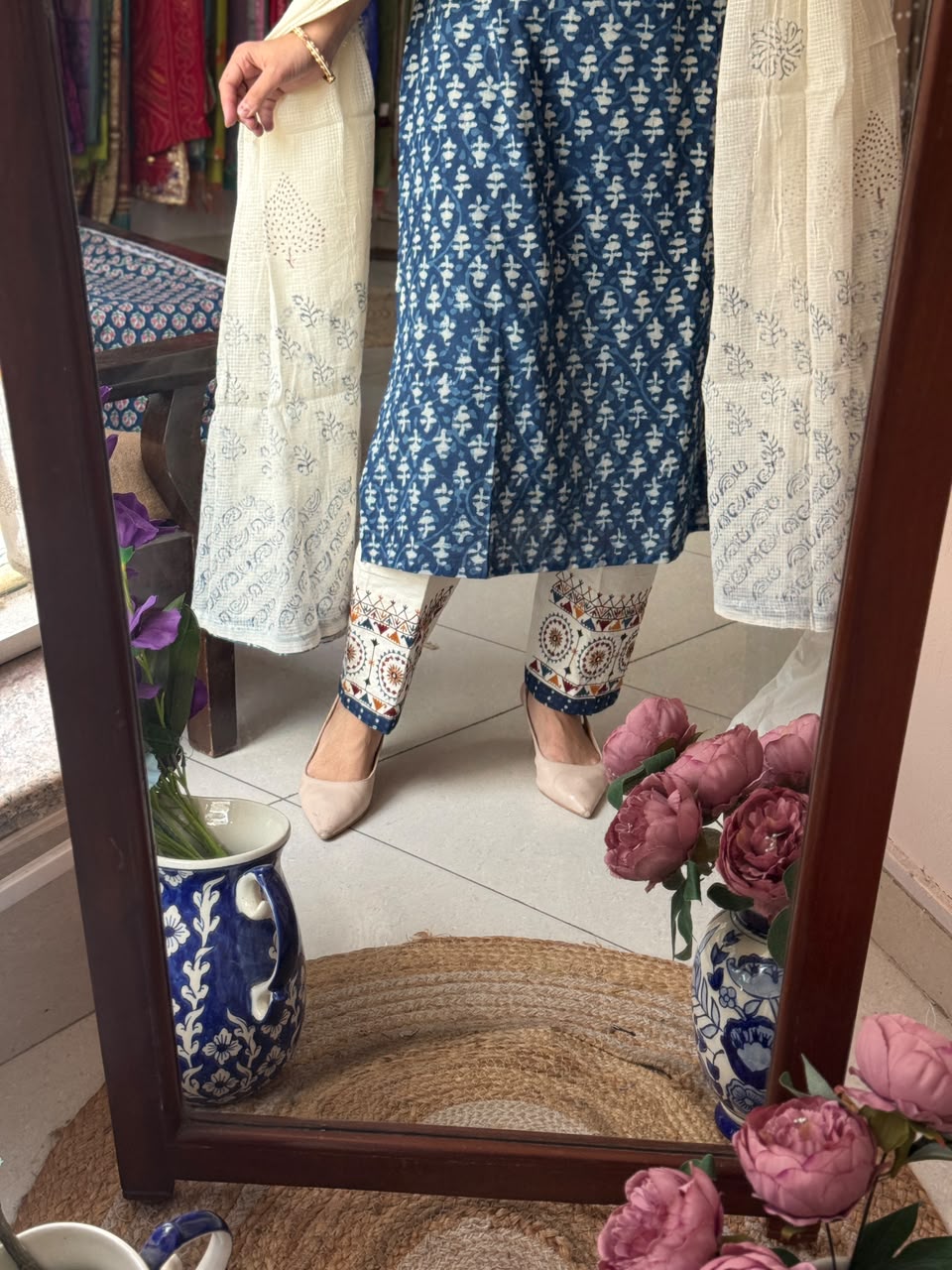 Indigo Embroidered Suit Set with Kota Doria Dupatta