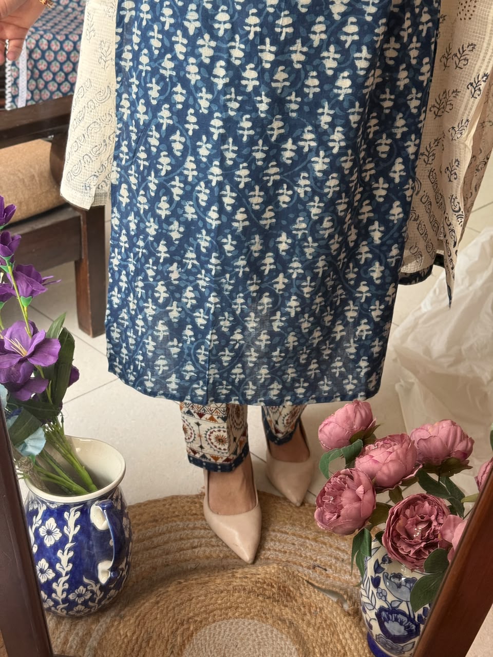 Indigo Embroidered Suit Set with Kota Doria Dupatta
