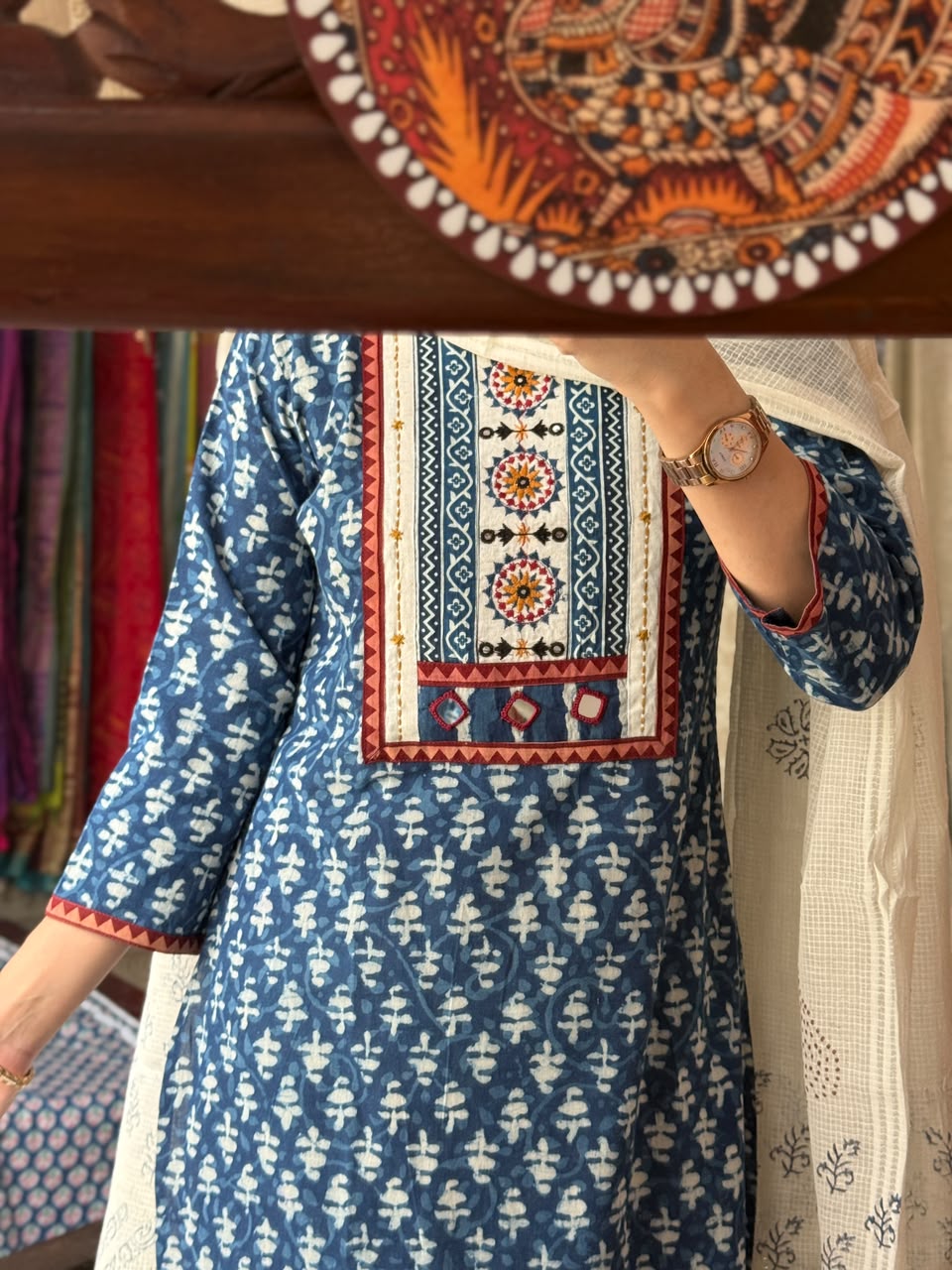 Indigo Embroidered Suit Set with Kota Doria Dupatta