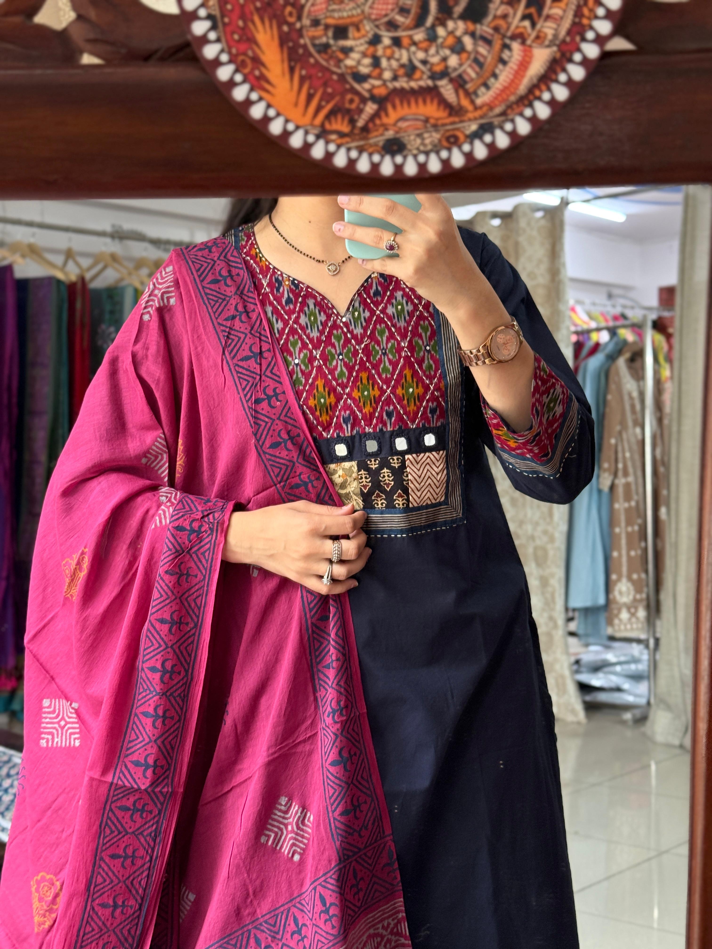 Blue Pink Ikat Suit Set with Designer Back & Handwork